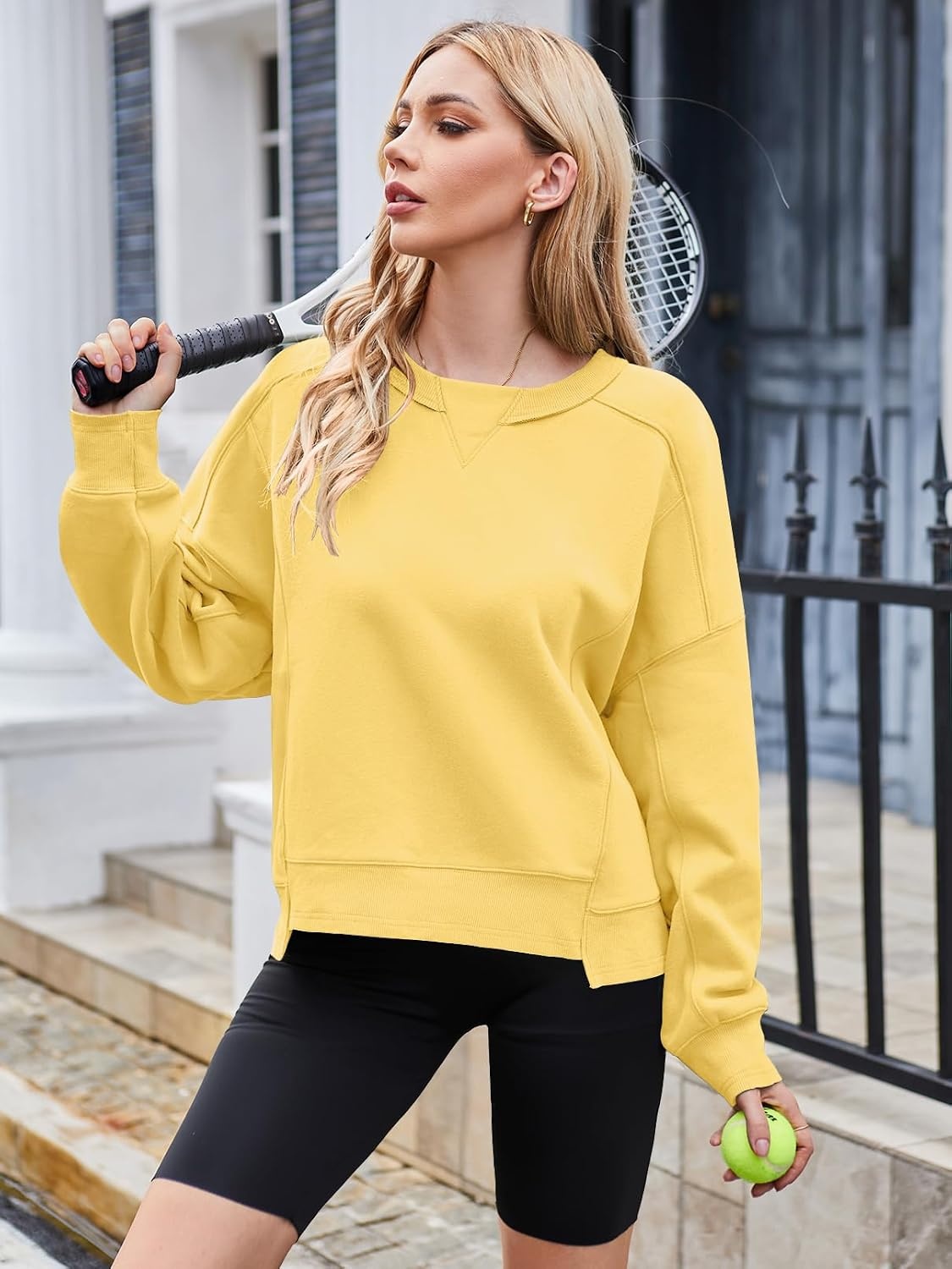 image:imageMEROKEETY Womens Crewneck Cropped Sweatshirts Trendy Oversized PulloverYellow