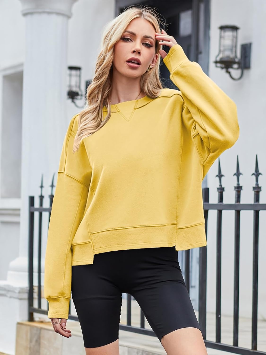 image:imageMEROKEETY Womens Crewneck Cropped Sweatshirts Trendy Oversized PulloverYellow