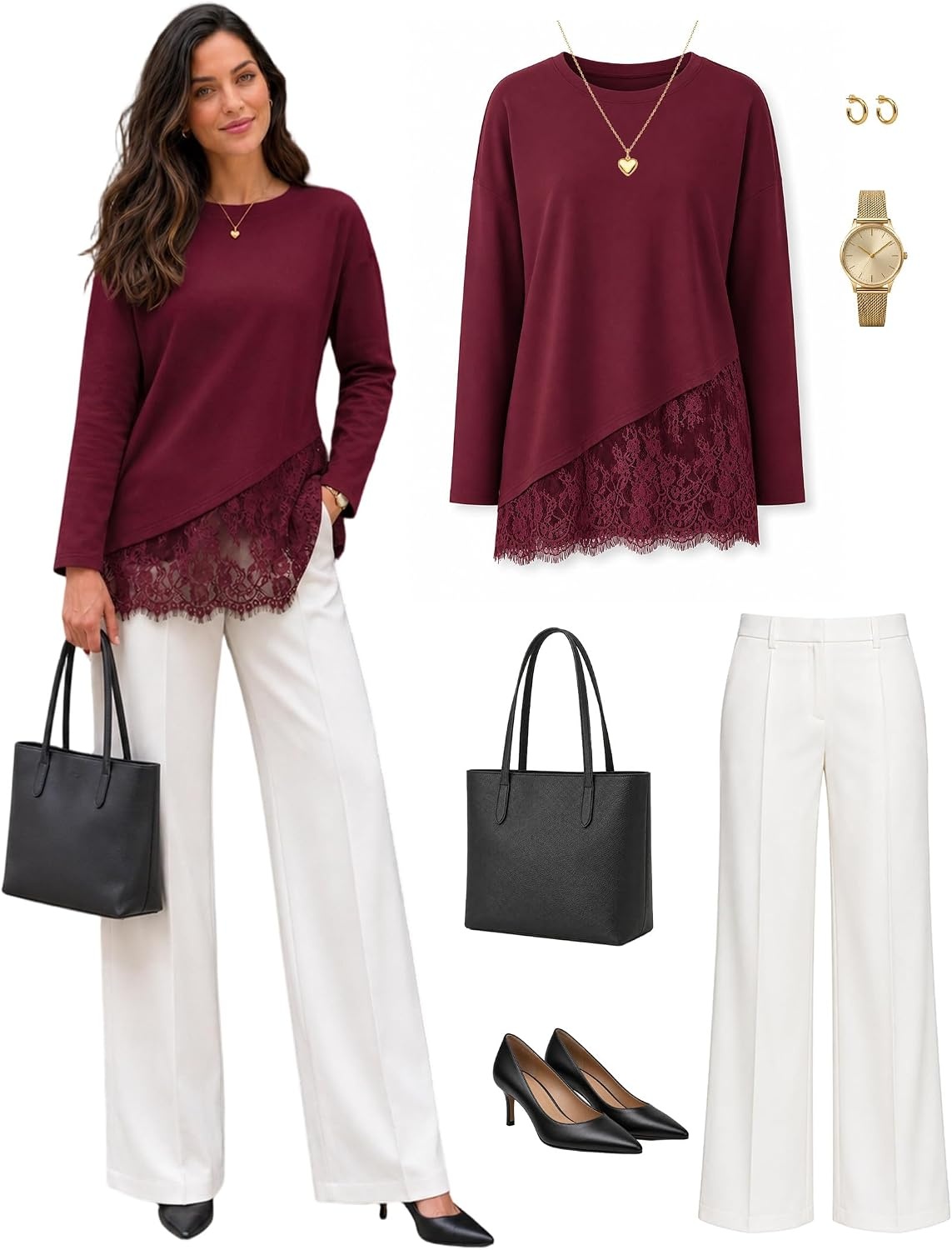 image:imageMEROKEETY Womens Fall Lace Long Sleeve Tops 2026 Casual ShirtsBurgundy