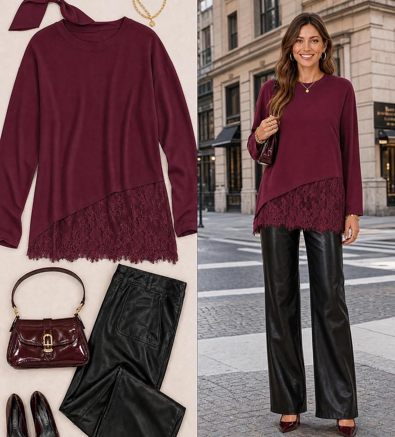 image:imageMEROKEETY Womens Fall Lace Long Sleeve Tops 2026 Casual ShirtsBurgundy