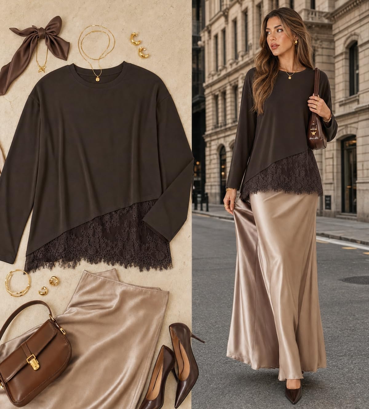 image:imageMEROKEETY Womens Fall Lace Long Sleeve Tops 2026 Casual ShirtsCoffee