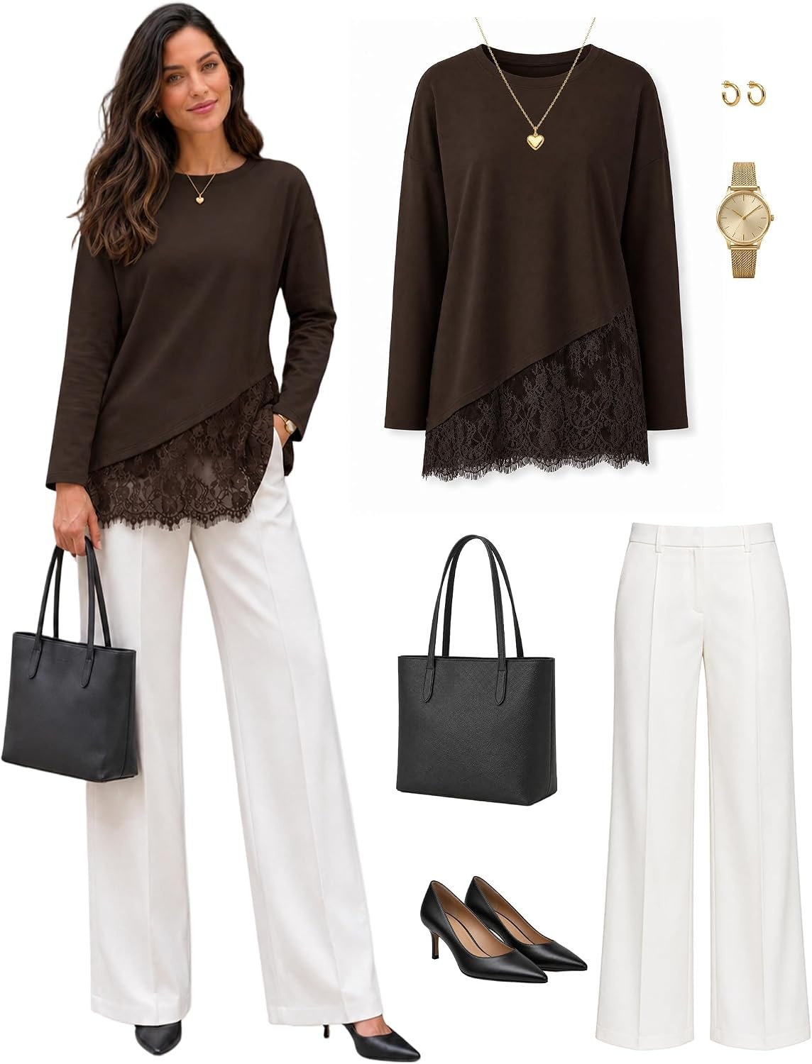 image:imageMEROKEETY Womens Fall Lace Long Sleeve Tops 2026 Casual ShirtsCoffee