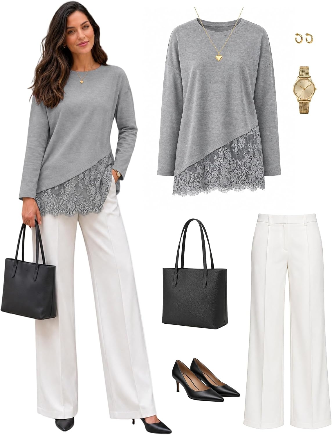 image:imageMEROKEETY Womens Fall Lace Long Sleeve Tops 2026 Casual ShirtsGrey