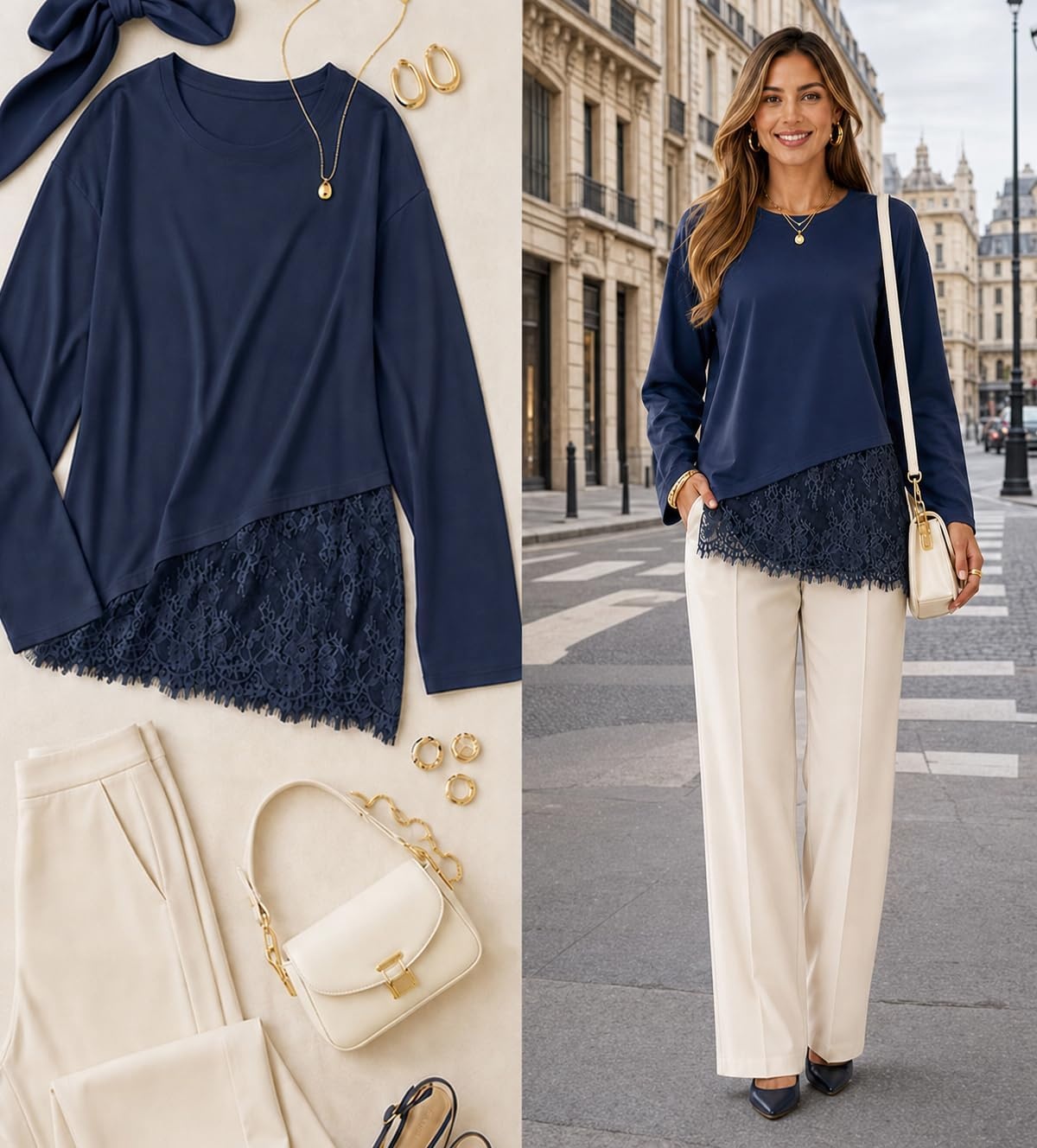 image:imageMEROKEETY Womens Fall Lace Long Sleeve Tops 2026 Casual ShirtsNavy