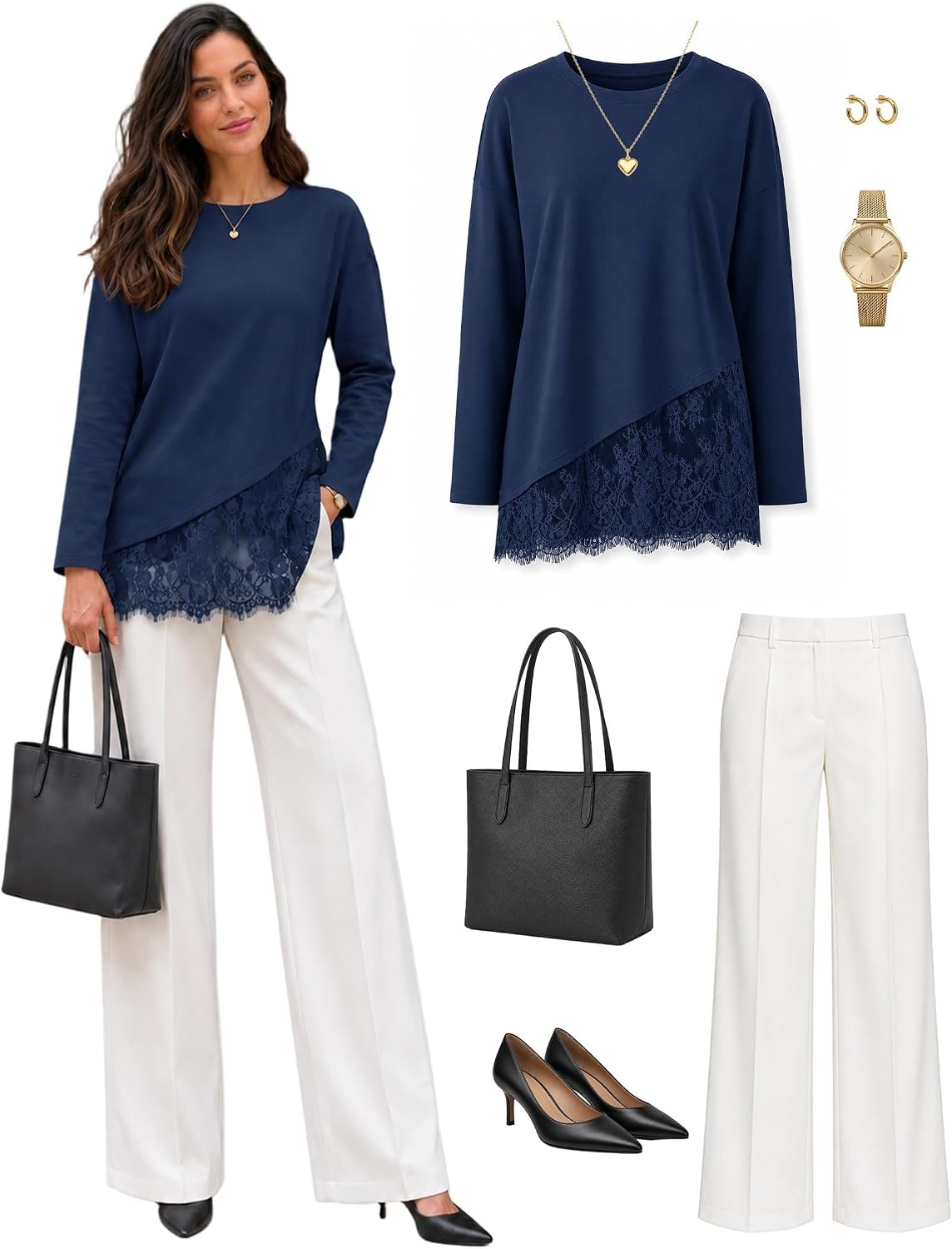 image:imageMEROKEETY Womens Fall Lace Long Sleeve Tops 2026 Casual ShirtsNavy