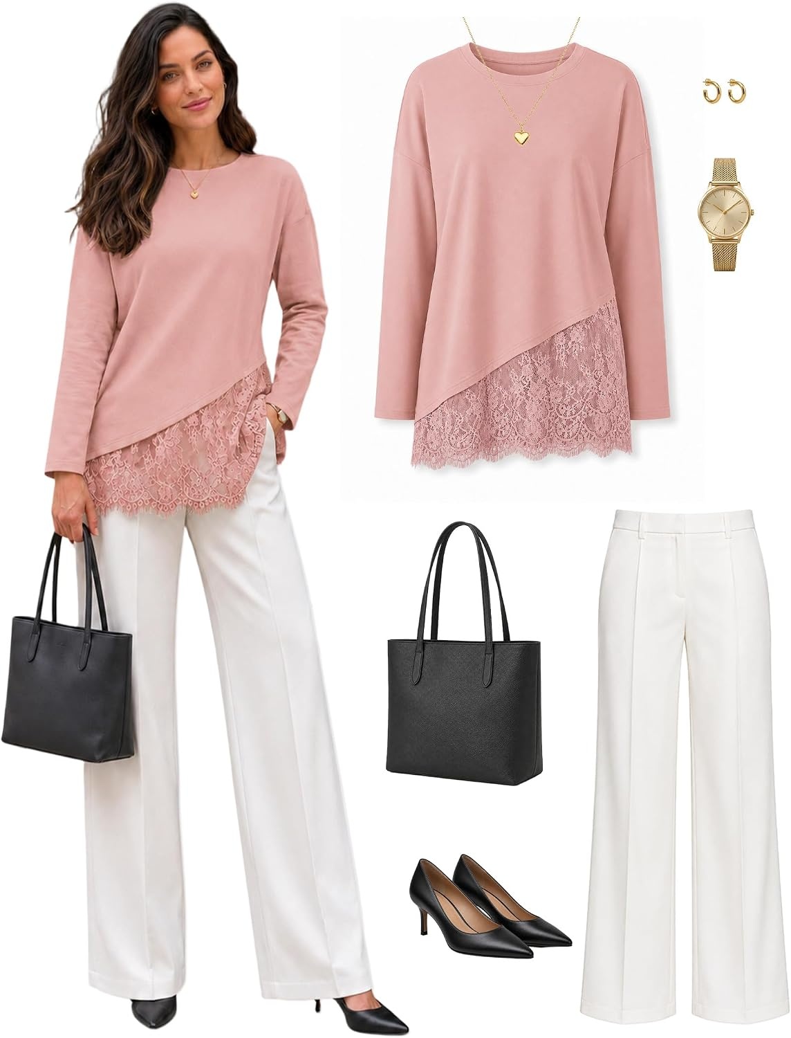 image:imageMEROKEETY Womens Fall Lace Long Sleeve Tops 2026 Casual ShirtsPink