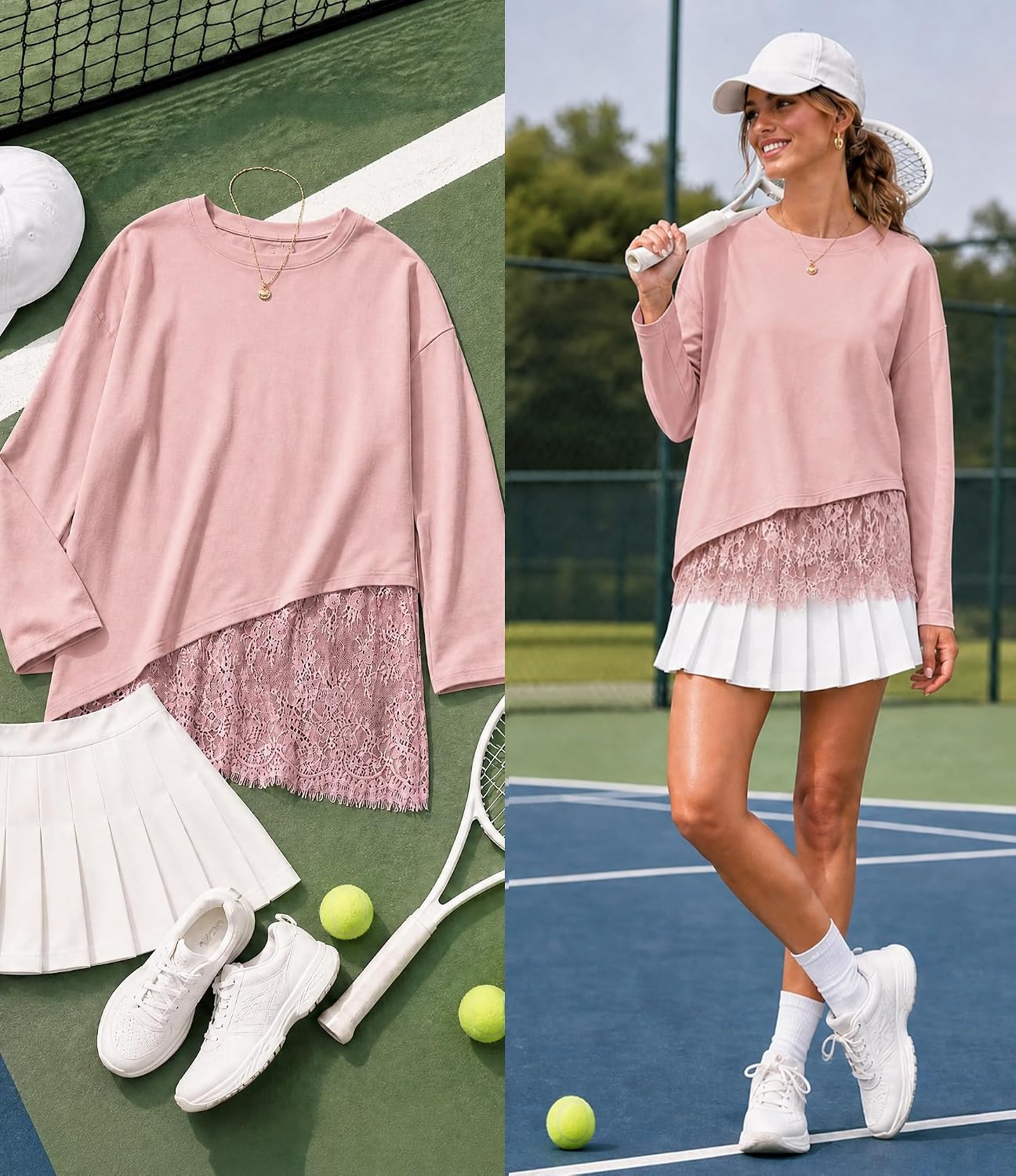image:imageMEROKEETY Womens Fall Lace Long Sleeve Tops 2026 Casual ShirtsPink