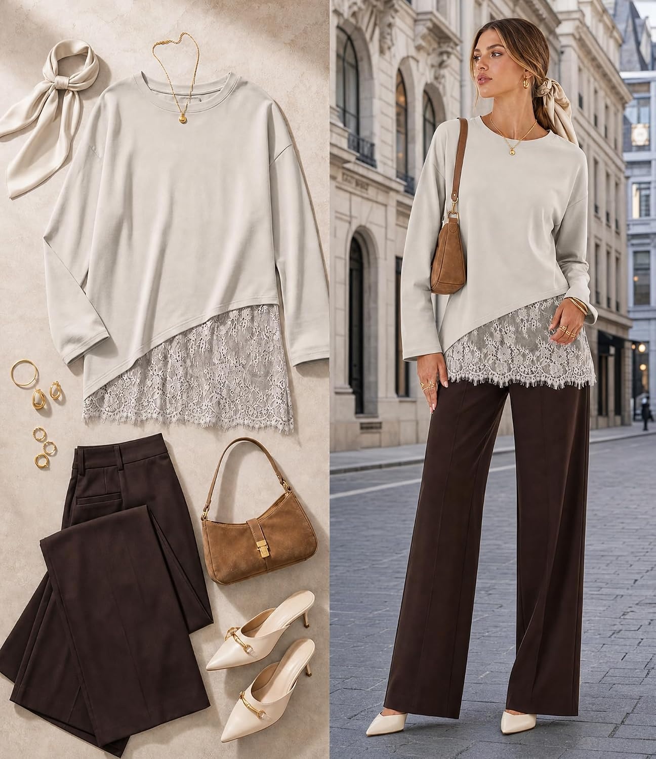 image:imageMEROKEETY Womens Fall Lace Long Sleeve Tops 2026 Casual ShirtsSand