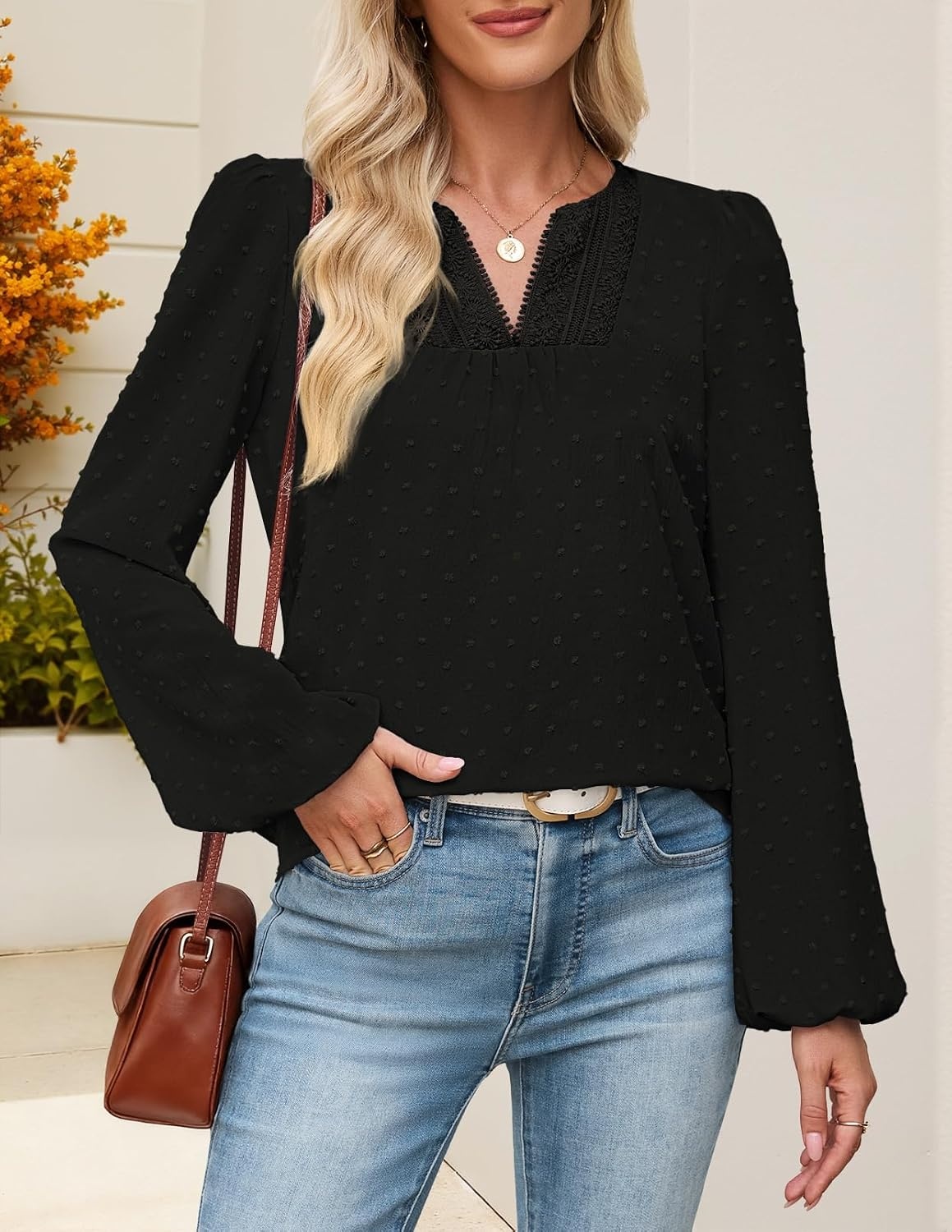 image:imageMEROKEETY Womens Fall Long Sleeve Blouse Shirt 2025 Dressy Casual Crochet Lace V Neck Swiss Dot TopsBlack