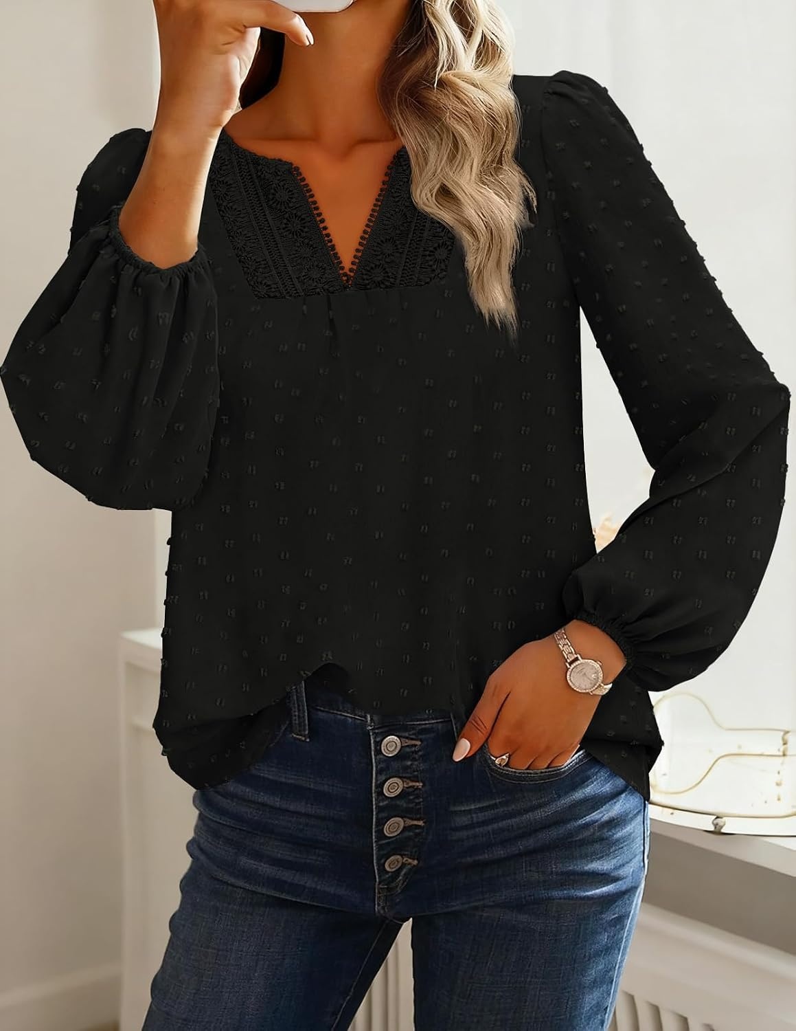 image:imageMEROKEETY Womens Fall Long Sleeve Blouse Shirt 2025 Dressy Casual Crochet Lace V Neck Swiss Dot TopsBlack