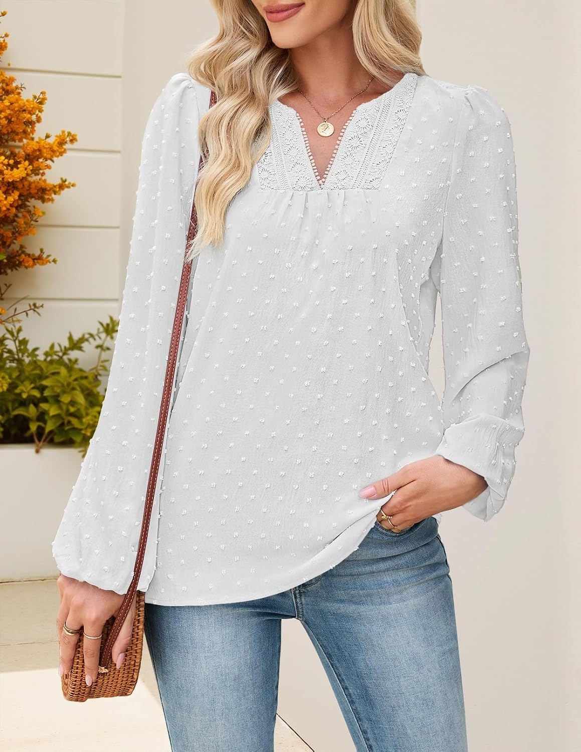 image:imageMEROKEETY Womens Fall Long Sleeve Blouse Shirt 2025 Dressy Casual Crochet Lace V Neck Swiss Dot TopsWhite