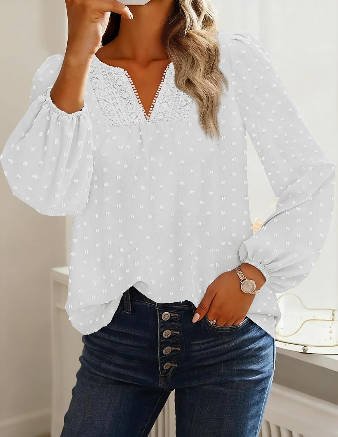image:imageMEROKEETY Womens Fall Long Sleeve Blouse Shirt 2025 Dressy Casual Crochet Lace V Neck Swiss Dot TopsWhite
