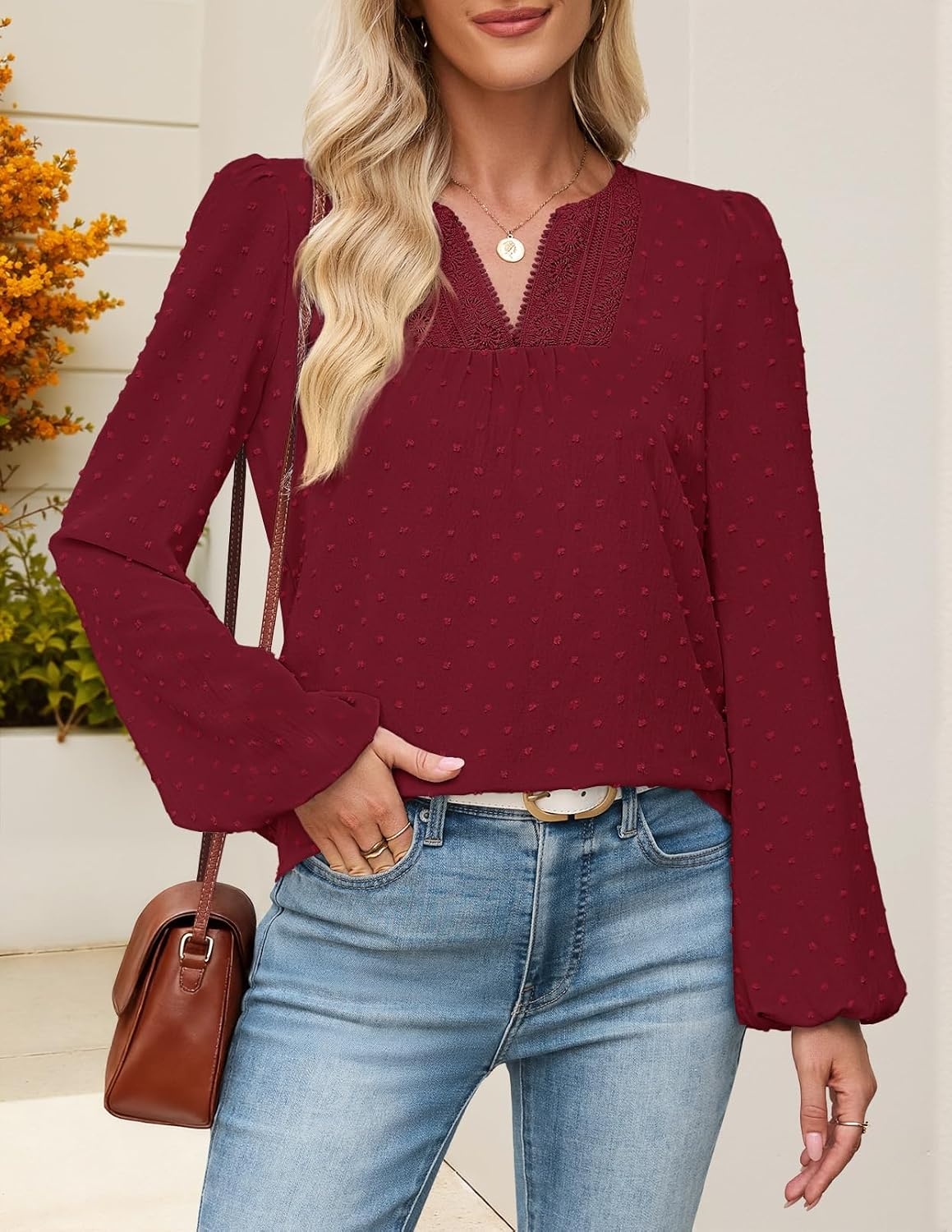 image:imageMEROKEETY Womens Fall Long Sleeve Blouse Shirt 2025 Dressy Casual Crochet Lace V Neck Swiss Dot TopsWine Red