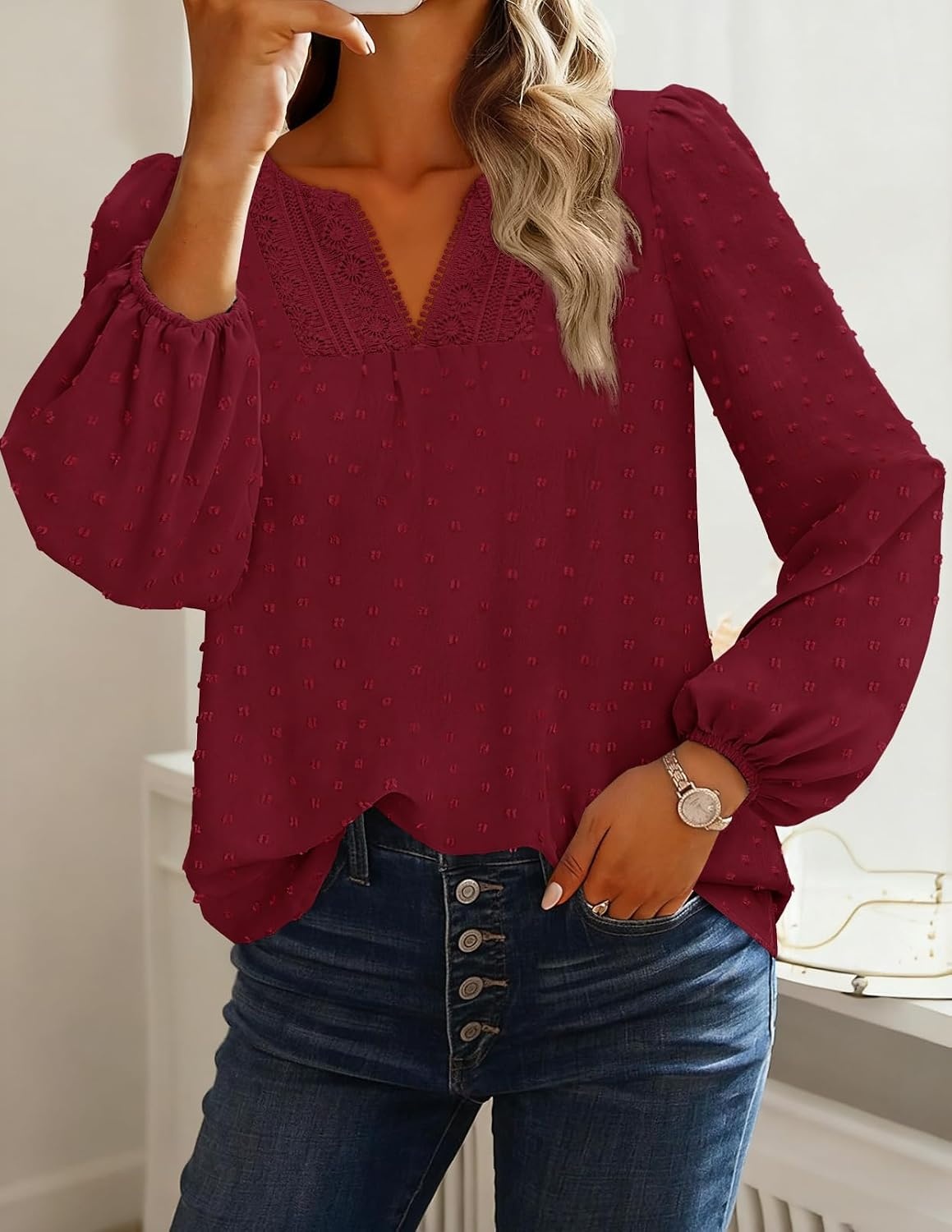 image:imageMEROKEETY Womens Fall Long Sleeve Blouse Shirt 2025 Dressy Casual Crochet Lace V Neck Swiss Dot TopsWine Red