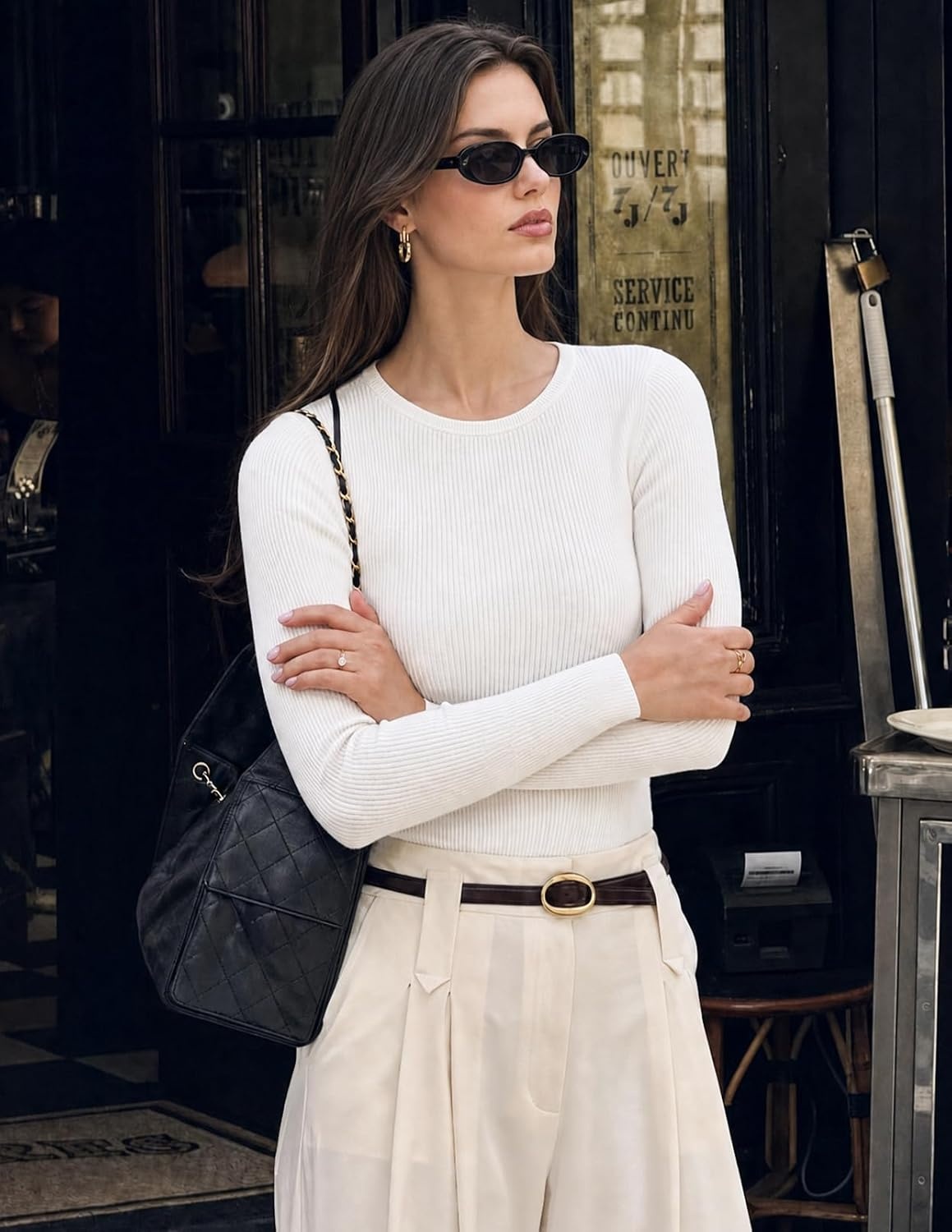 image:imageMEROKEETY Womens Fall Long Sleeve Crew Neck Ribbed Knit Work BodysuitsWhite