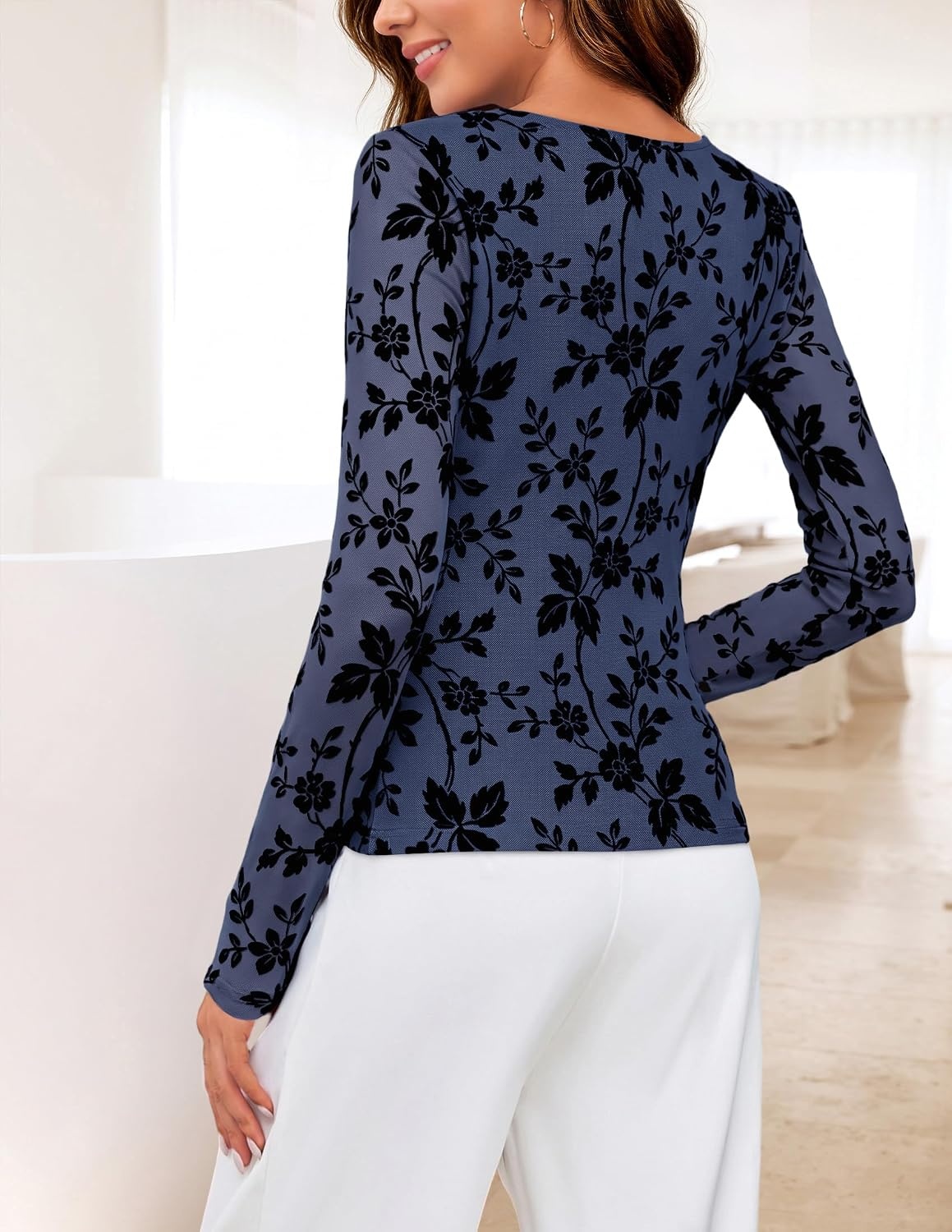 image:imageMEROKEETY Womens Fall Long Sleeve Floral Mesh Blouse Top 2026 Dressy CasualNavy
