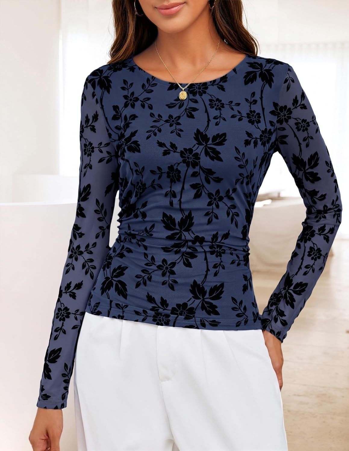 image:imageMEROKEETY Womens Fall Long Sleeve Floral Mesh Blouse Top 2026 Dressy CasualNavy