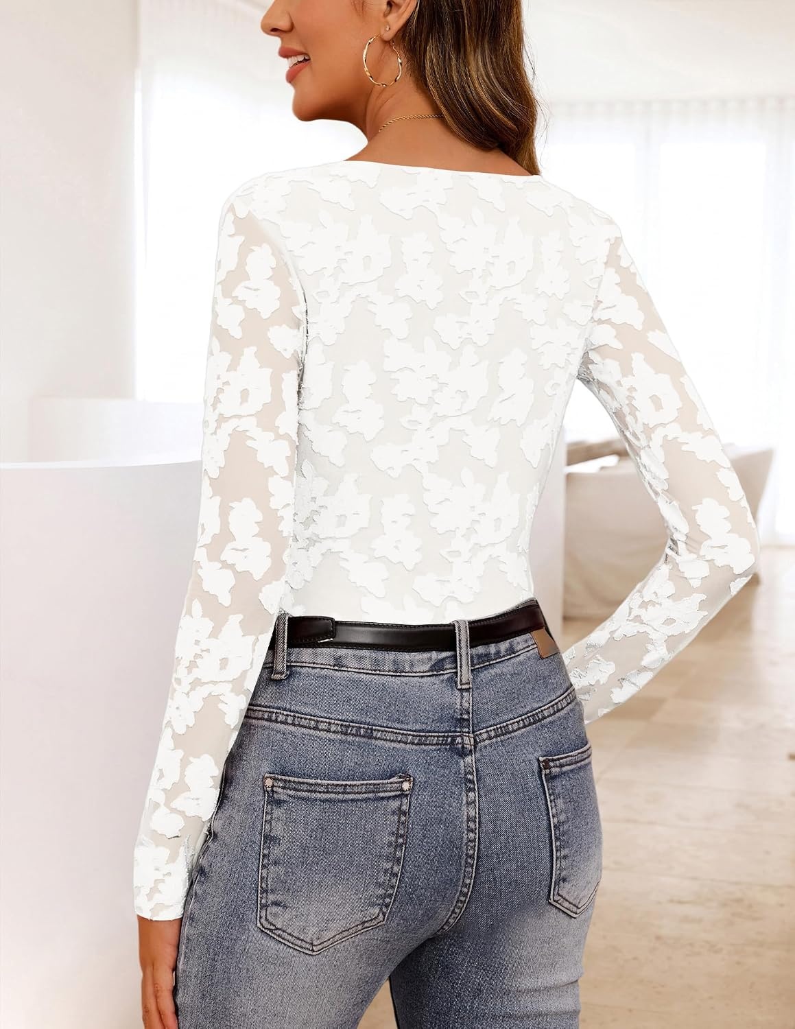 image:imageMEROKEETY Womens Fall Long Sleeve Floral Mesh Blouse Top 2026 Dressy CasualWhite