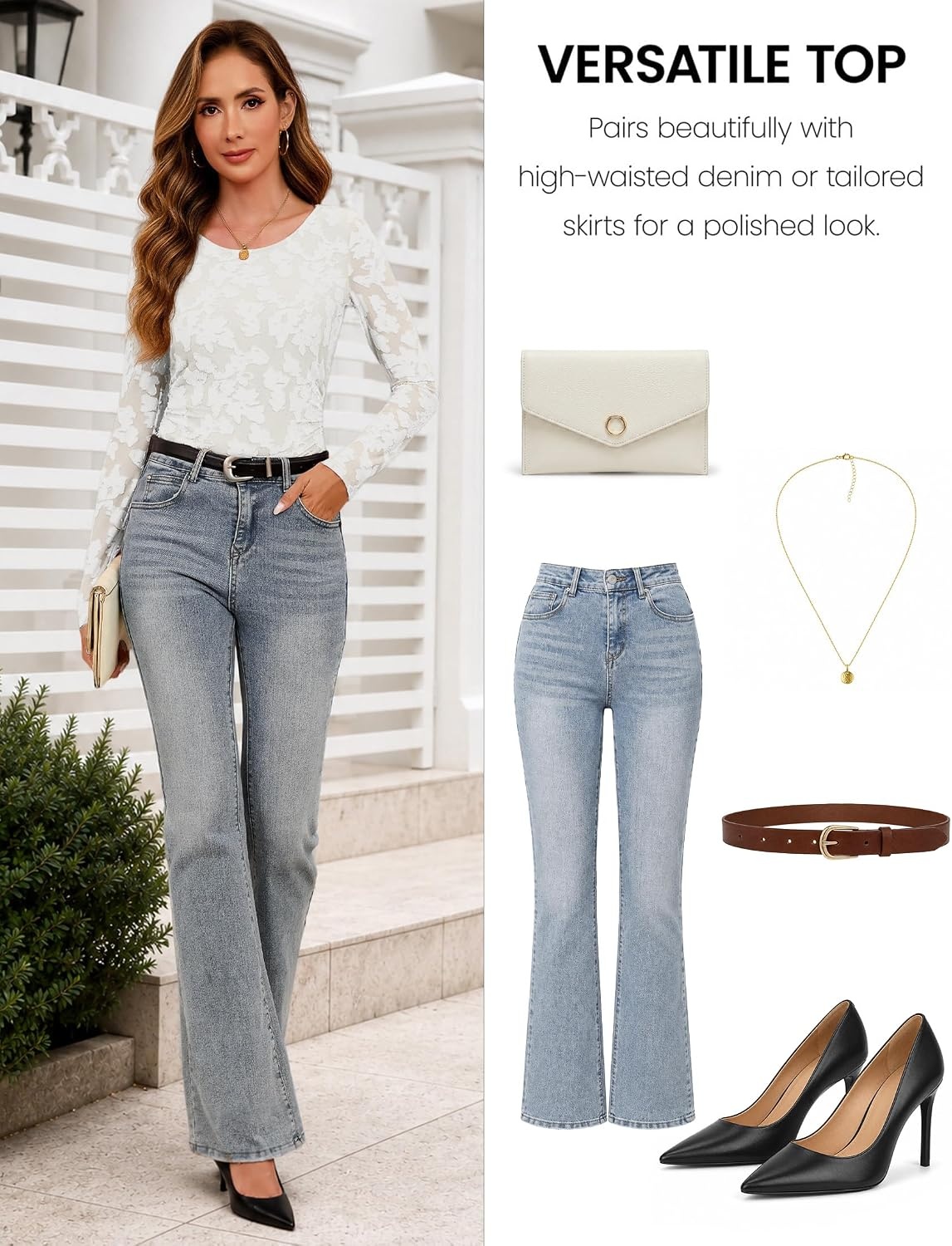 image:imageMEROKEETY Womens Fall Long Sleeve Floral Mesh Blouse Top 2026 Dressy CasualWhite