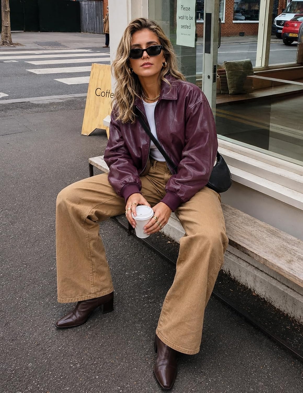 image:imageMEROKEETY Womens Fall Winter Oversized Faux Leather Bomber Jacket Coat 2026Burgundy