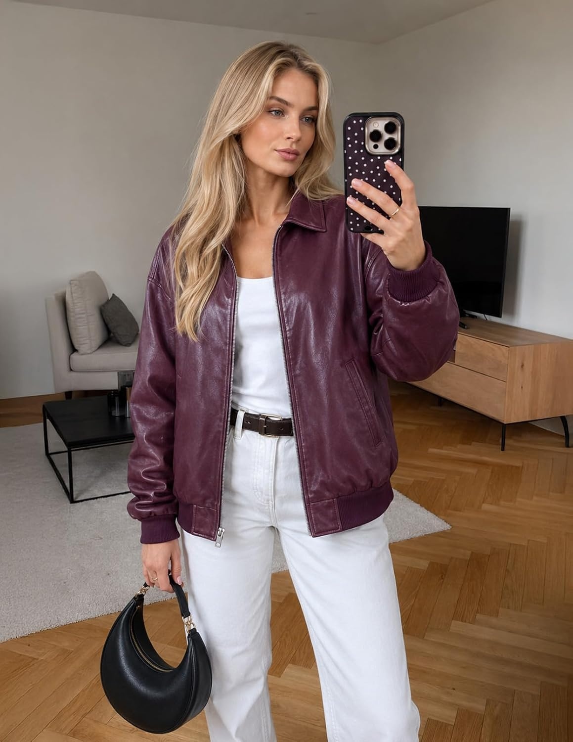 image:imageMEROKEETY Womens Fall Winter Oversized Faux Leather Bomber Jacket Coat 2026Burgundy