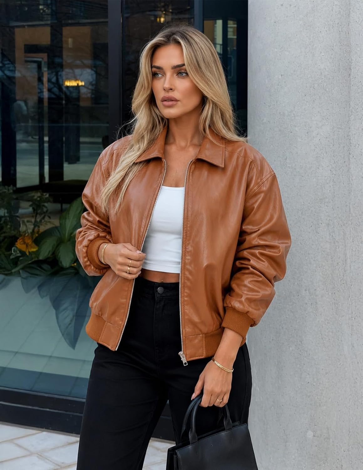image:imageMEROKEETY Womens Fall Winter Oversized Faux Leather Bomber Jacket Coat 2026Caramel
