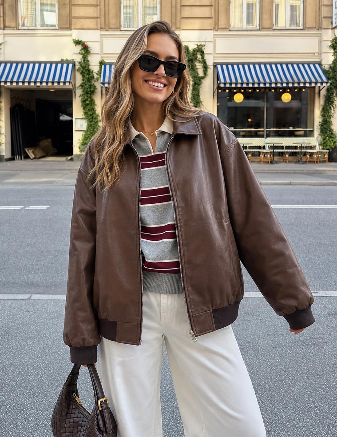 image:imageMEROKEETY Womens Fall Winter Oversized Faux Leather Bomber Jacket Coat 2026Coffee