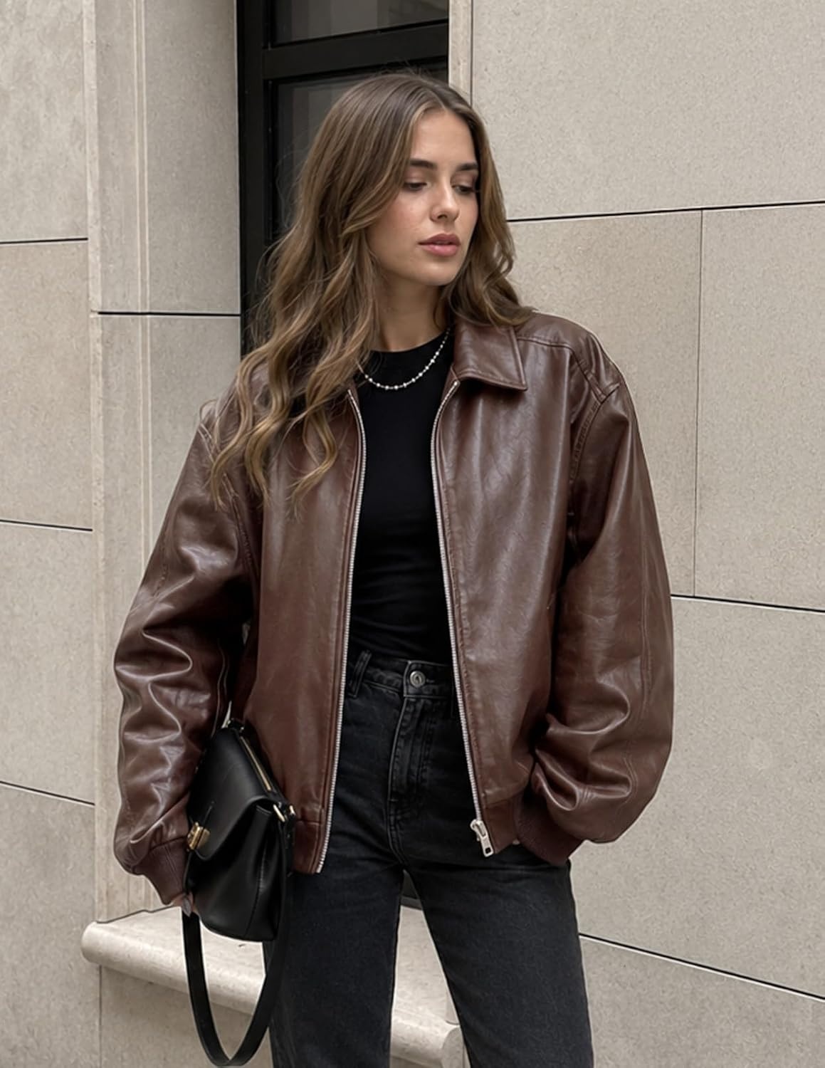 image:imageMEROKEETY Womens Fall Winter Oversized Faux Leather Bomber Jacket Coat 2026Coffee