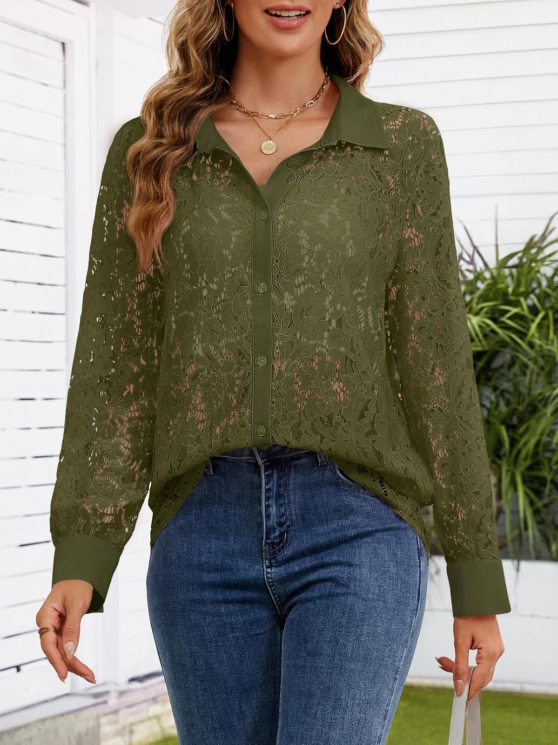 image:imageMEROKEETY Womens Lace Long Sleeve Shirts Dressy Casual Tops Sheer BlousesArmygreen