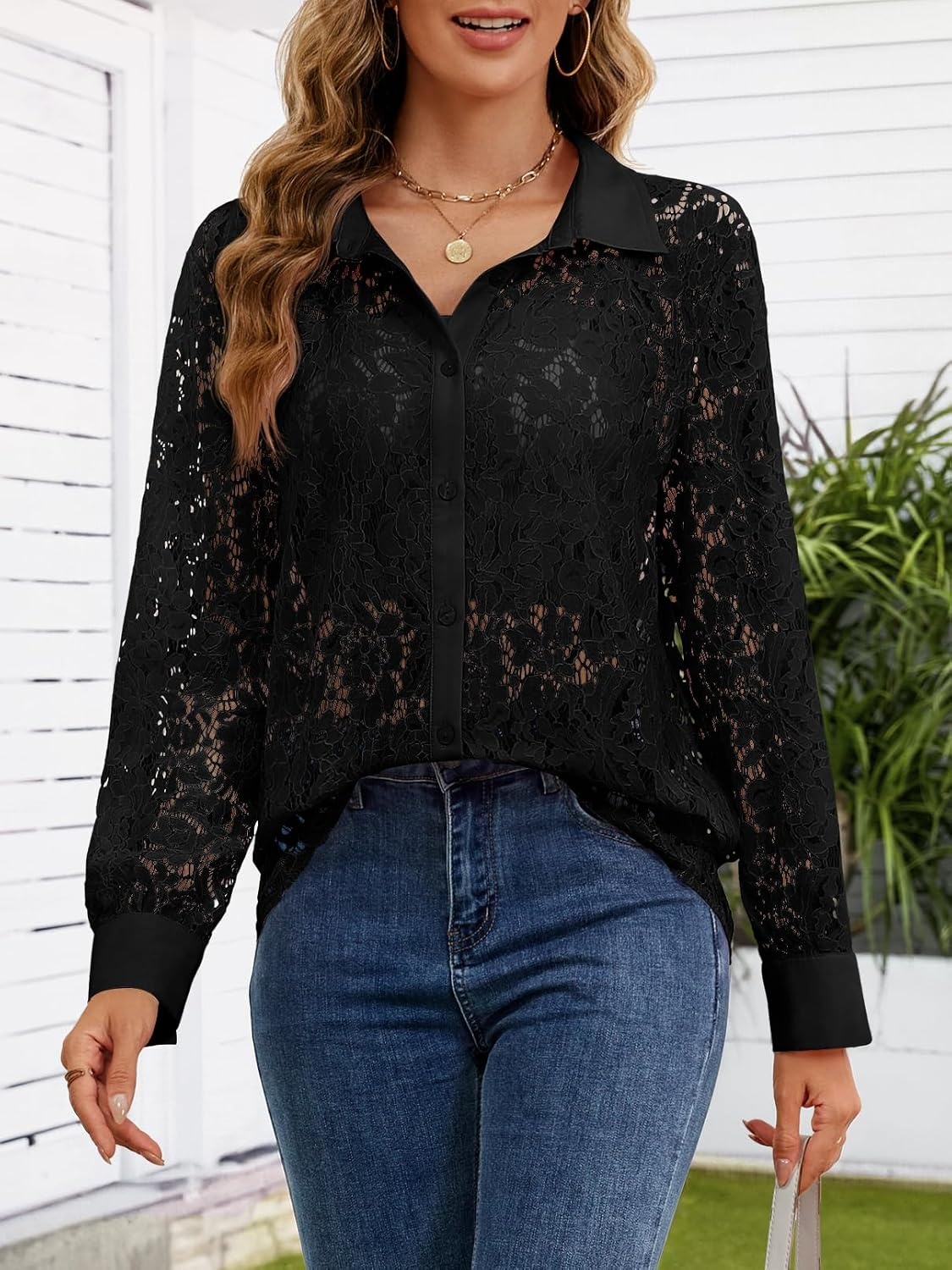 image:imageMEROKEETY Womens Lace Long Sleeve Shirts Dressy Casual Tops Sheer BlousesBlack
