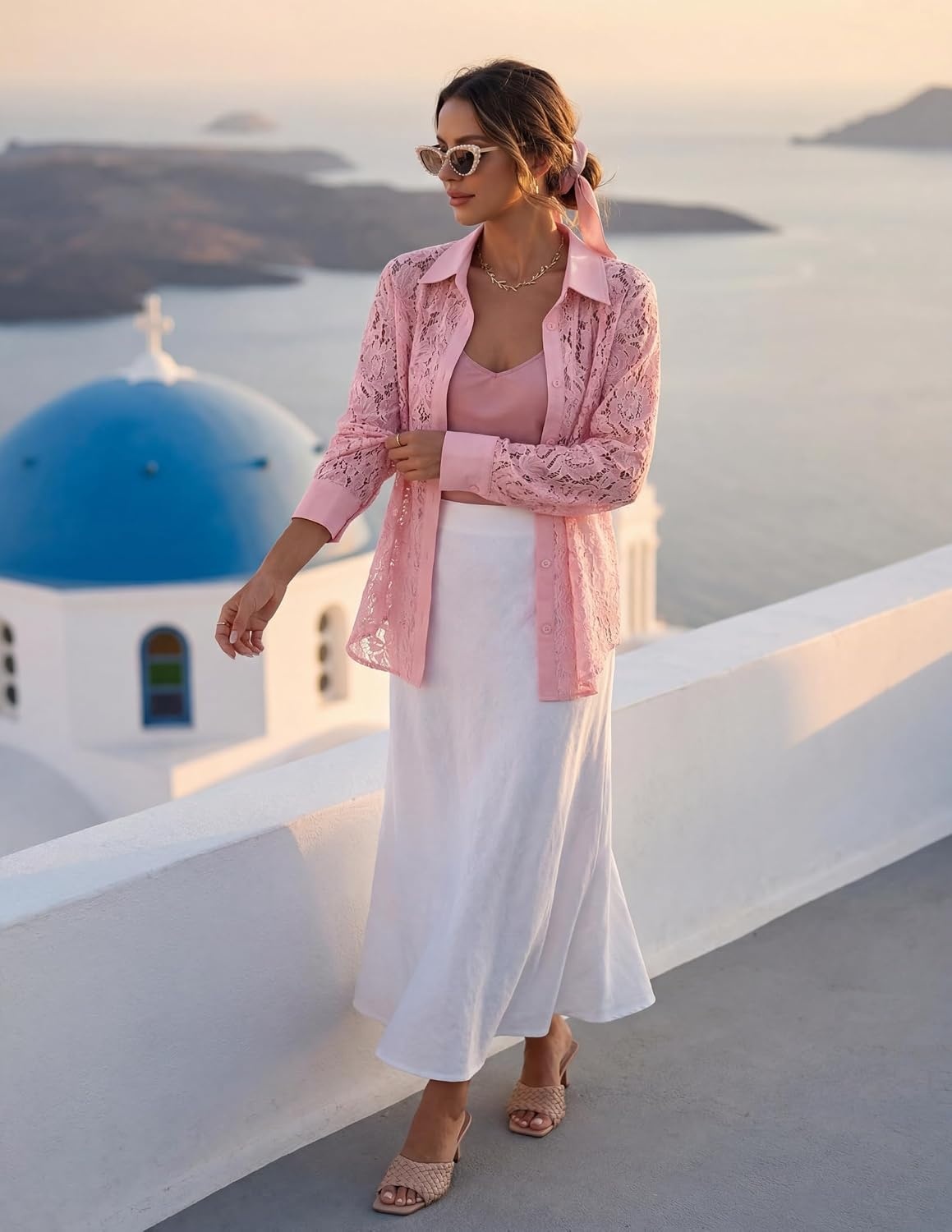 image:imageMEROKEETY Womens Lace Long Sleeve Shirts Dressy Casual Tops Sheer BlousesPink