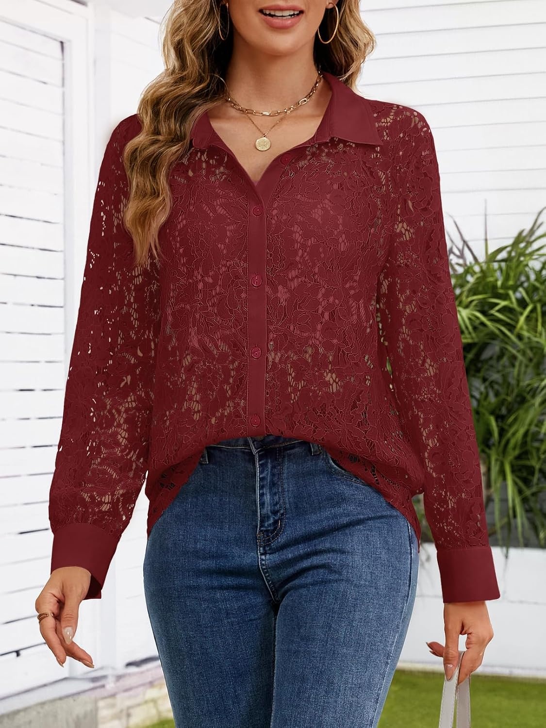 image:imageMEROKEETY Womens Lace Long Sleeve Shirts Dressy Casual Tops Sheer BlousesWinered