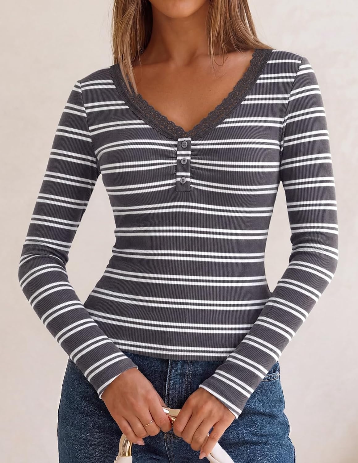 image:imageMEROKEETY Womens Lace Trim V Neck Cute Tops Long Sleeve Henley ShirtDarkgrey