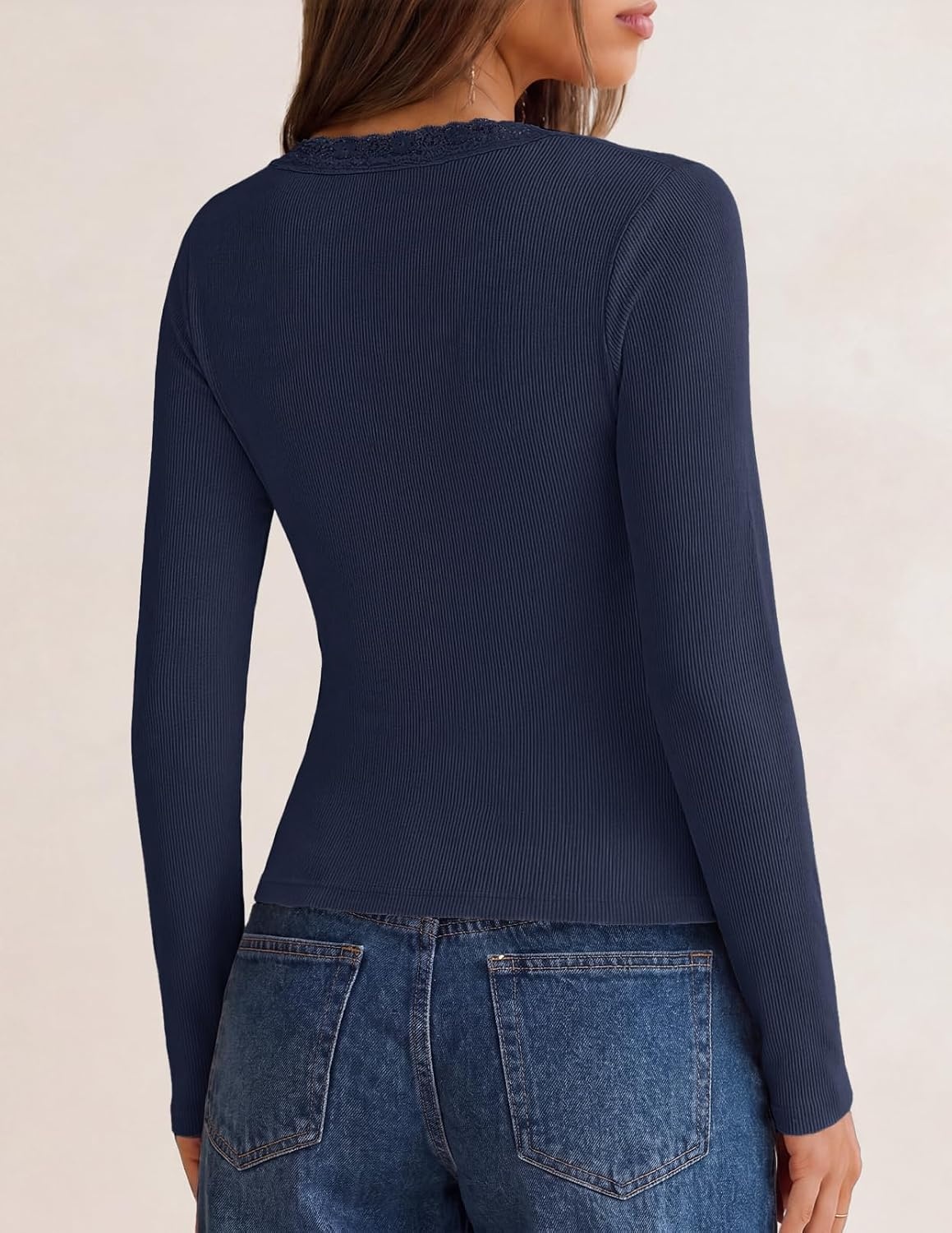 image:imageMEROKEETY Womens Lace Trim V Neck Cute Tops Long Sleeve Henley ShirtNavy