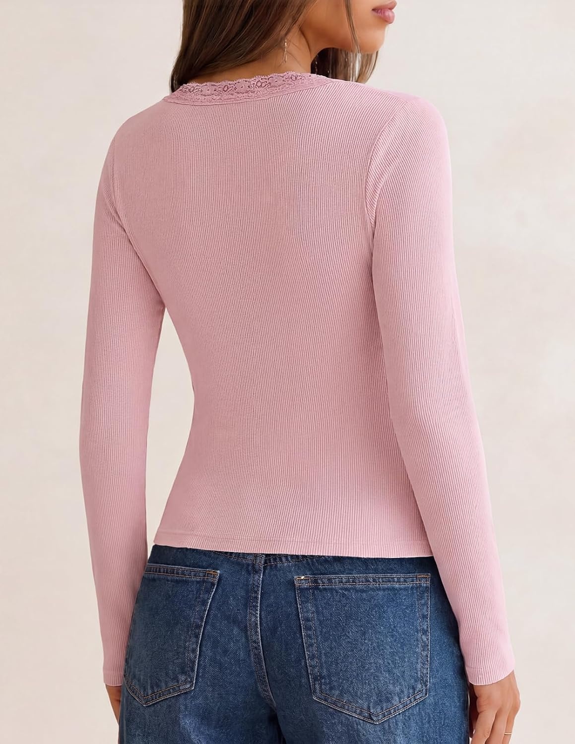 image:imageMEROKEETY Womens Lace Trim V Neck Cute Tops Long Sleeve Henley ShirtPink