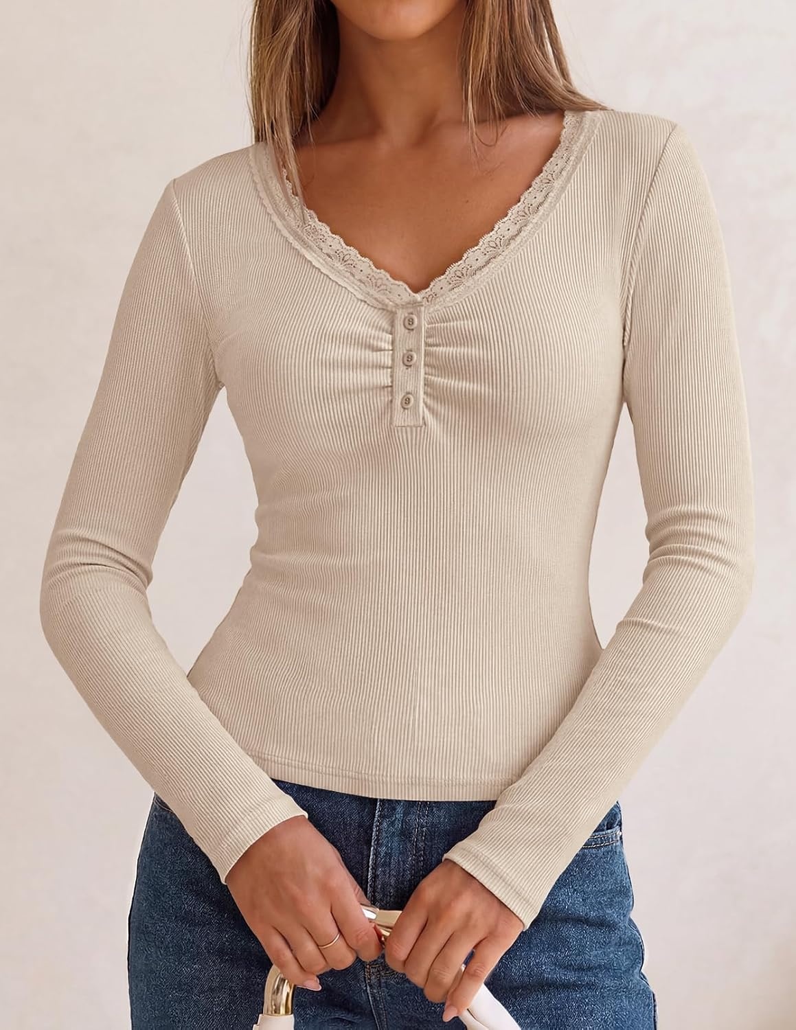 image:imageMEROKEETY Womens Lace Trim V Neck Cute Tops Long Sleeve Henley ShirtSand