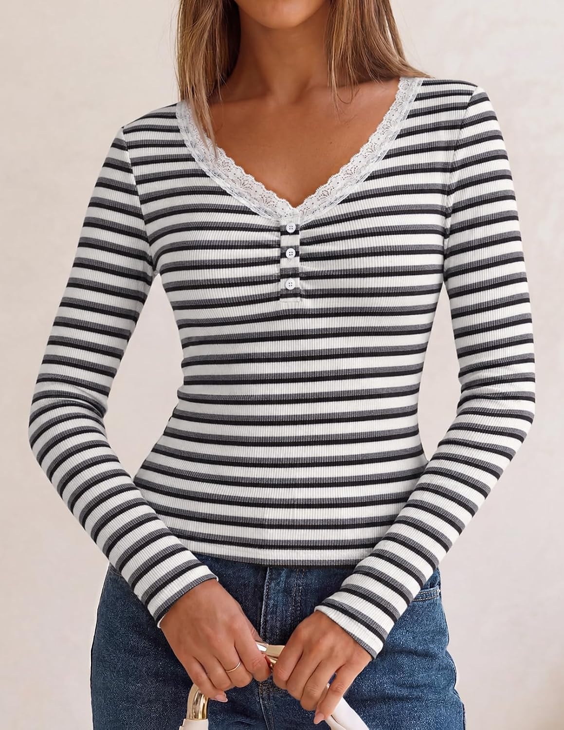 image:imageMEROKEETY Womens Lace Trim V Neck Cute Tops Long Sleeve Henley ShirtStripeblack