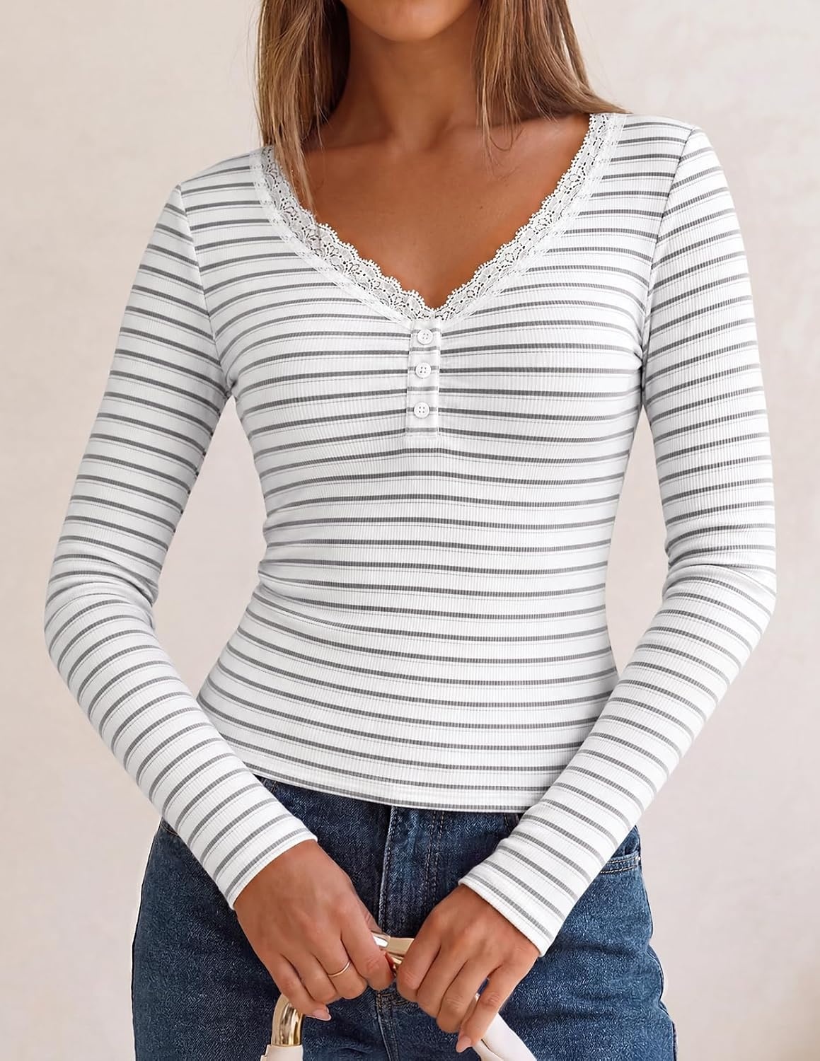 image:imageMEROKEETY Womens Lace Trim V Neck Cute Tops Long Sleeve Henley ShirtStripegrey