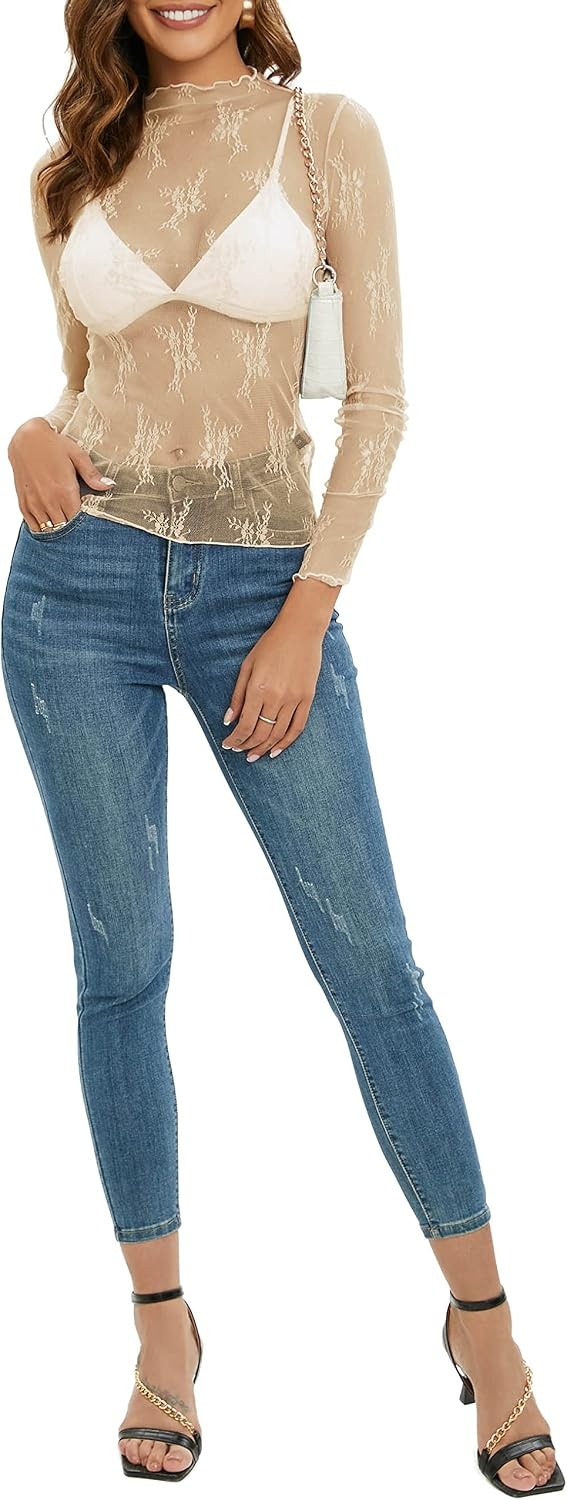 image:imageMEROKEETY Womens Mesh Sheer Lace Long Sleeve Mock Neck Blouse Shirt TopsApricot