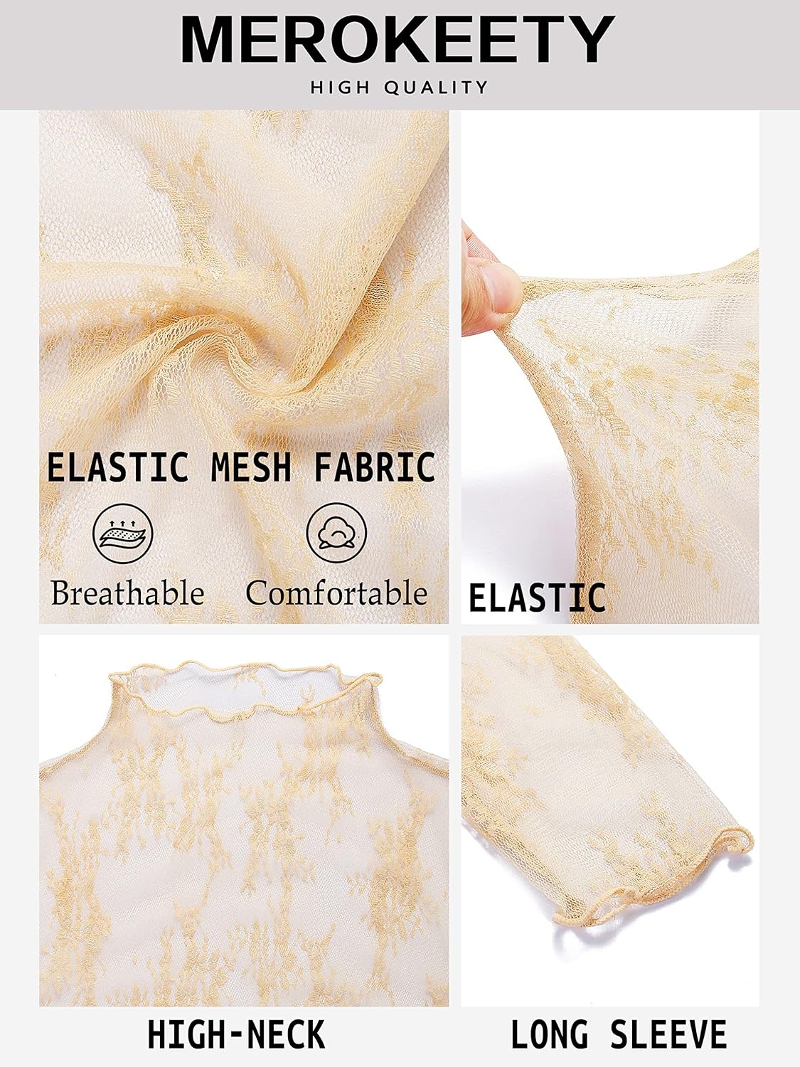 image:imageMEROKEETY Womens Mesh Sheer Lace Long Sleeve Mock Neck Blouse Shirt TopsApricot