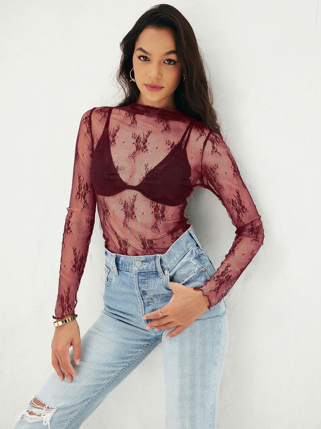 image:imageMEROKEETY Womens Mesh Sheer Lace Long Sleeve Mock Neck Blouse Shirt TopsBurgundy