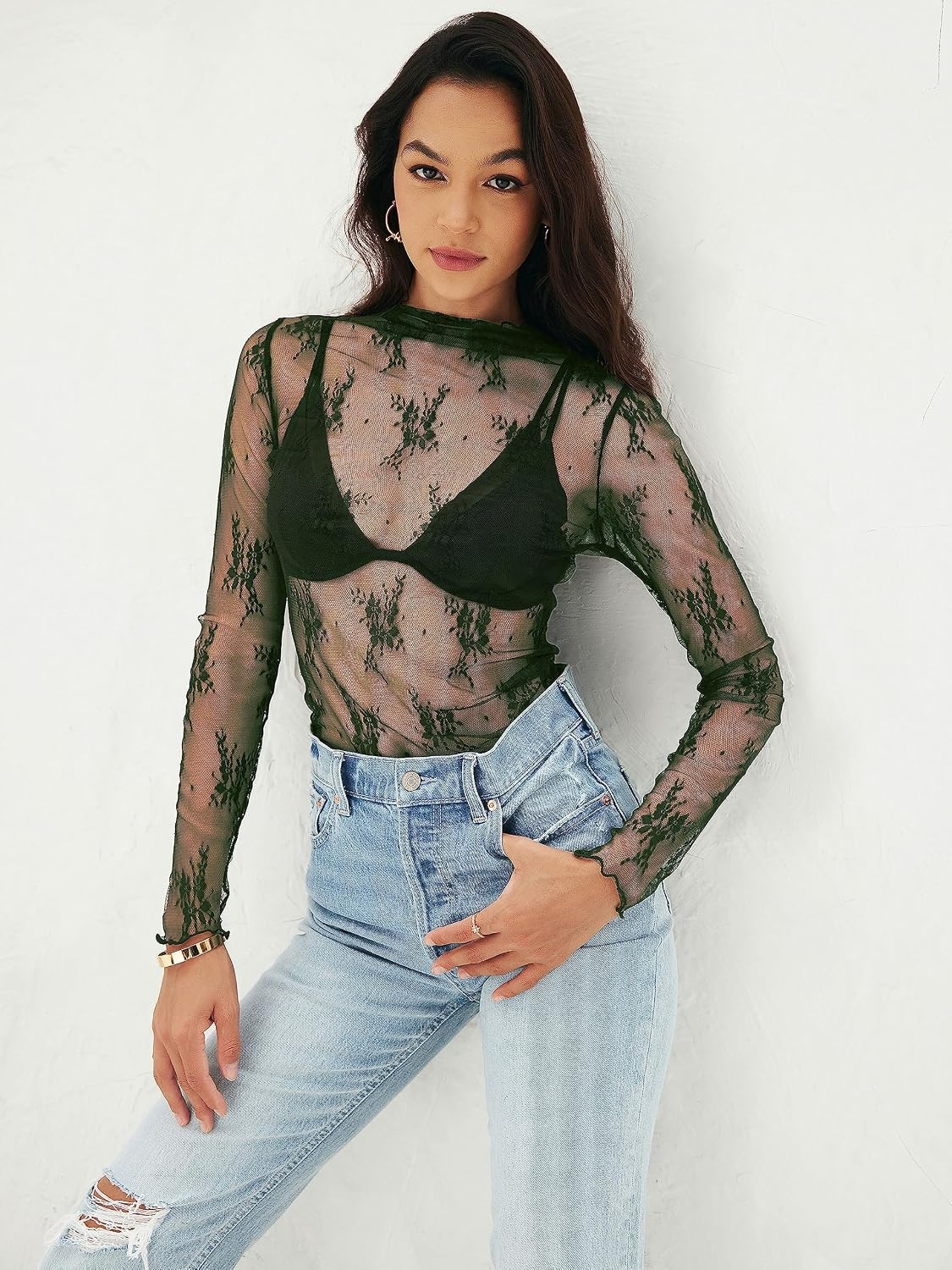 image:imageMEROKEETY Womens Mesh Sheer Lace Long Sleeve Mock Neck Blouse Shirt TopsGreen