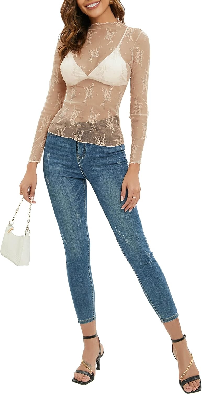 image:imageMEROKEETY Womens Mesh Sheer Lace Long Sleeve Mock Neck Blouse Shirt TopsLightkhaki