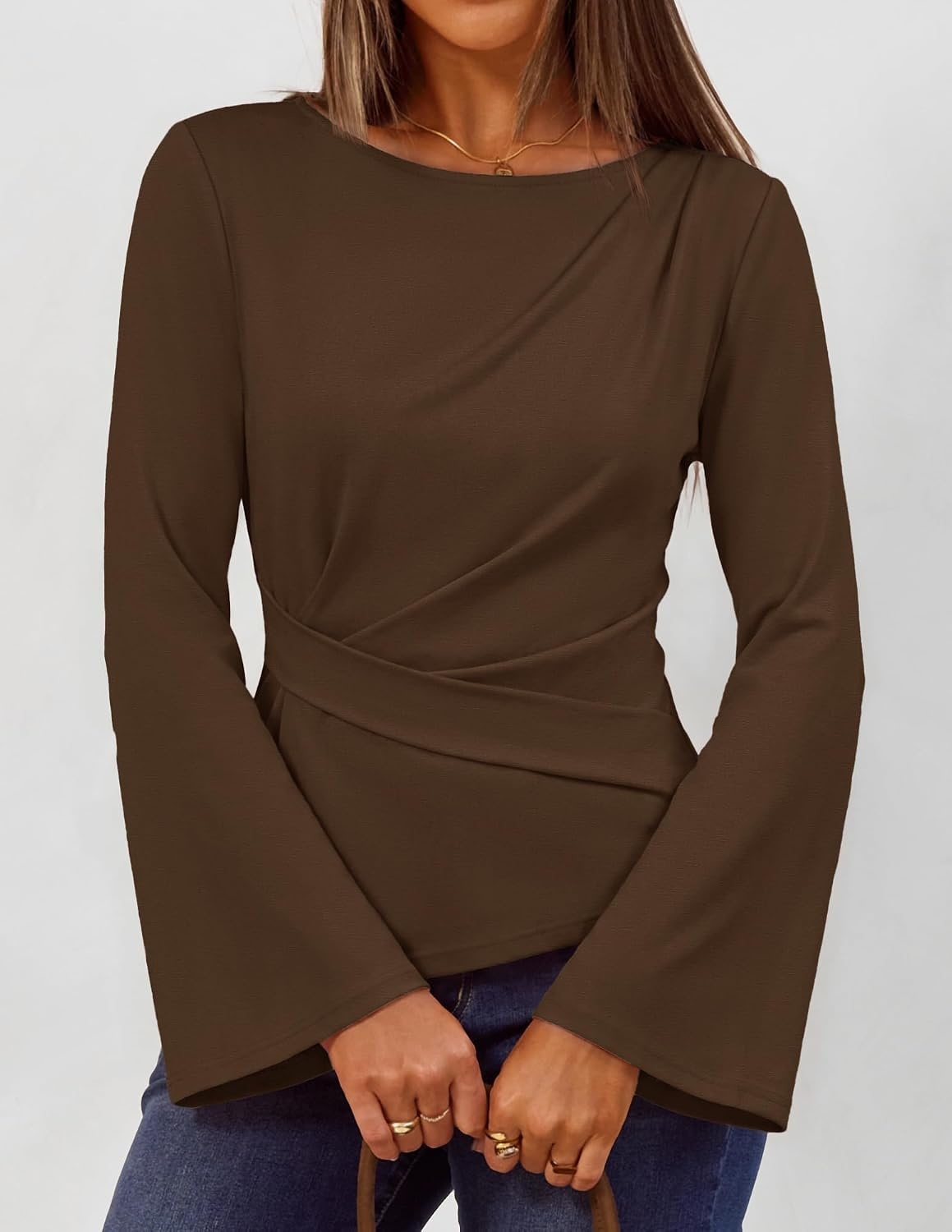 image:imageMEROKEETY Womens Peplum Tops Long Sleeve Fall Dressy Business Casual BlouseBrown
