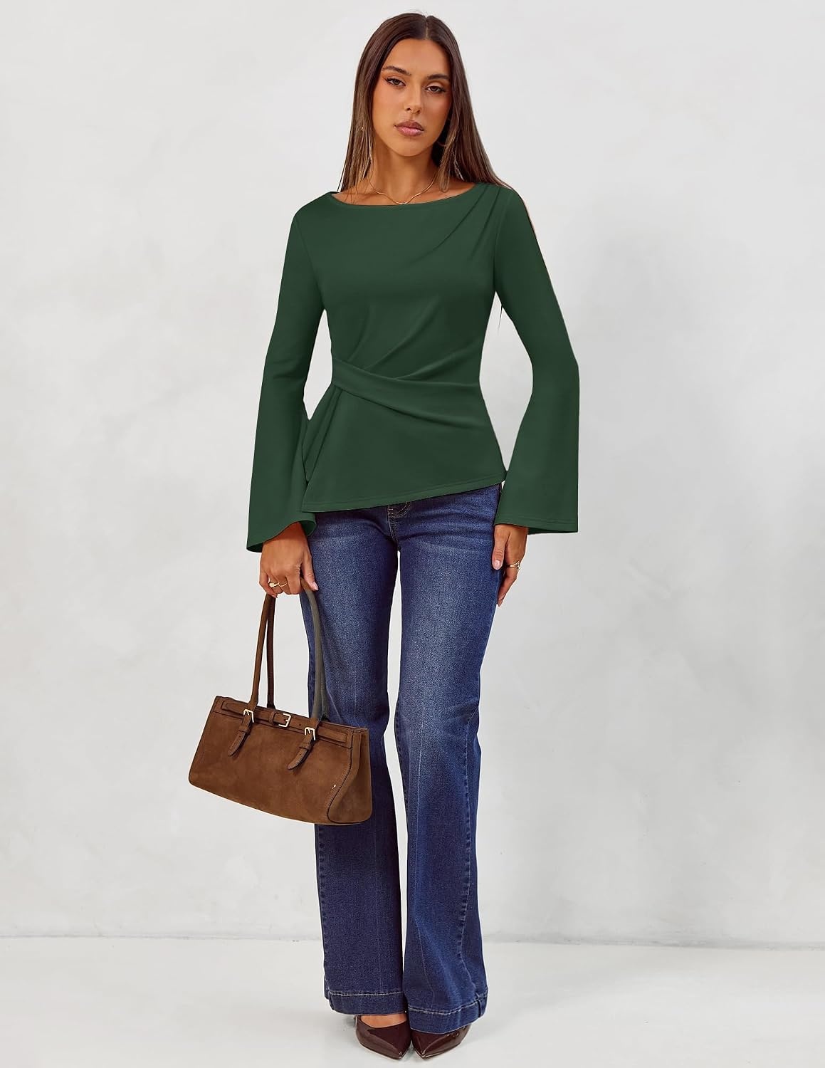 image:imageMEROKEETY Womens Peplum Tops Long Sleeve Fall Dressy Business Casual BlouseDarkgreen