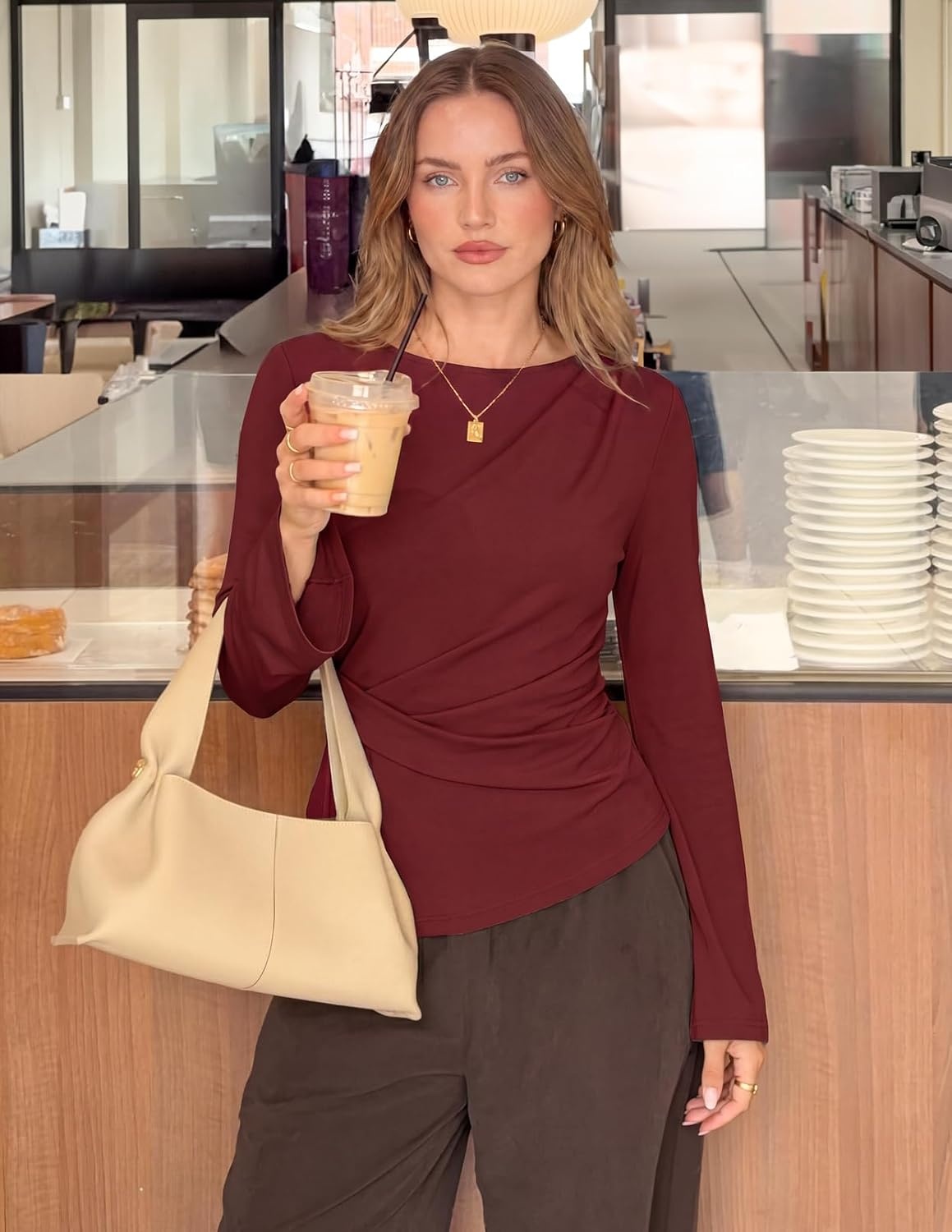 image:imageMEROKEETY Womens Peplum Tops Long Sleeve Fall Dressy Business Casual BlouseWine