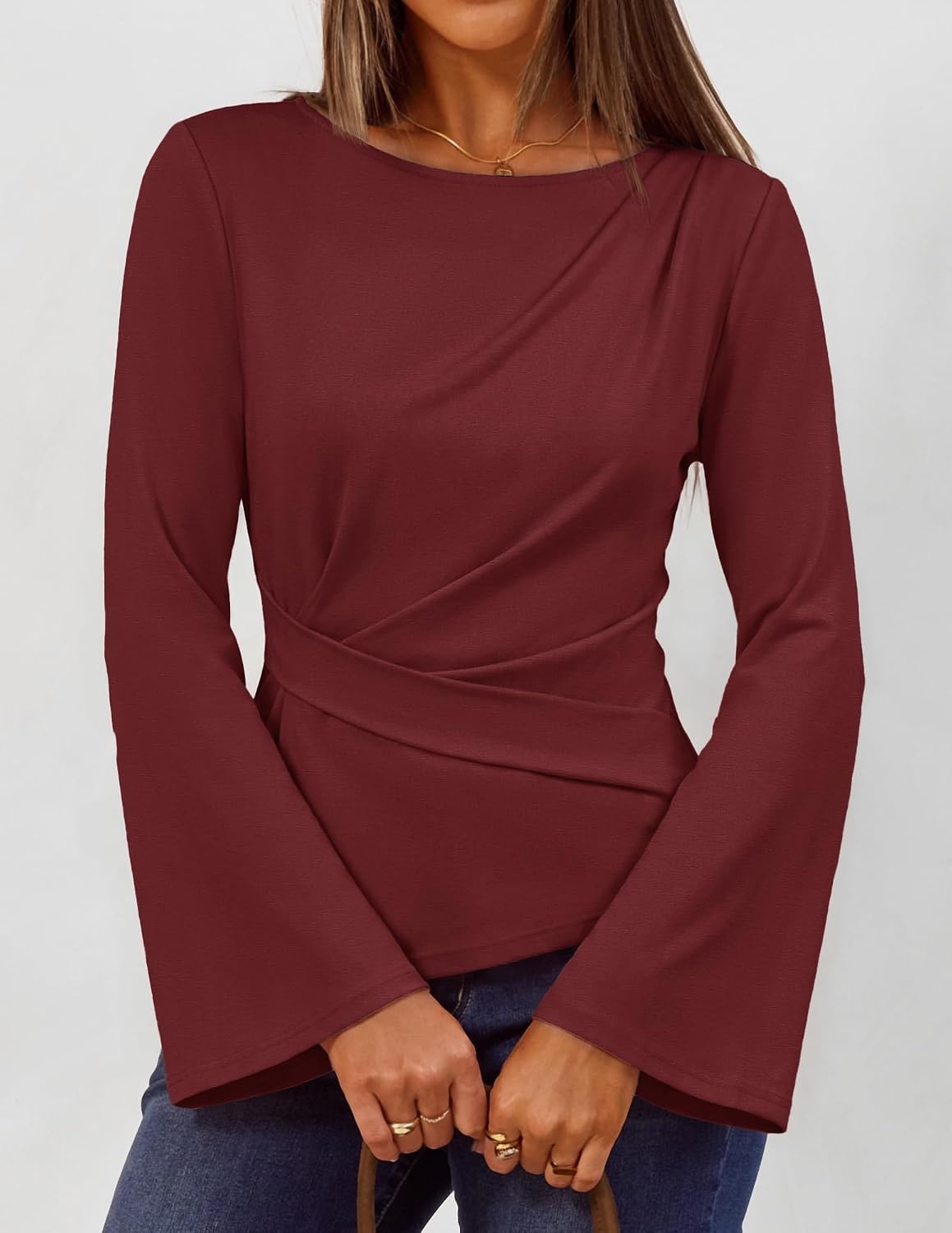 image:imageMEROKEETY Womens Peplum Tops Long Sleeve Fall Dressy Business Casual BlouseWine