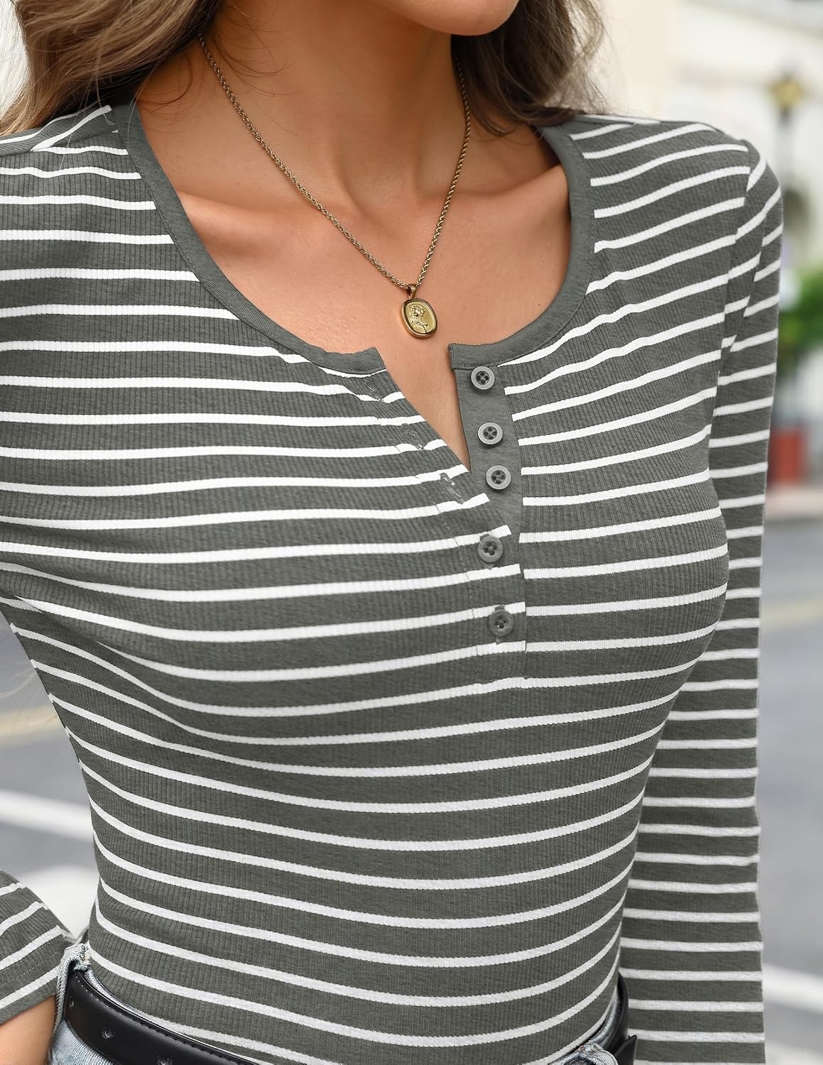 image:imageMEROKEETY Womens Striped Long Sleeve Fall Shirts Ribbed Fitted Henley TopsStripegrey