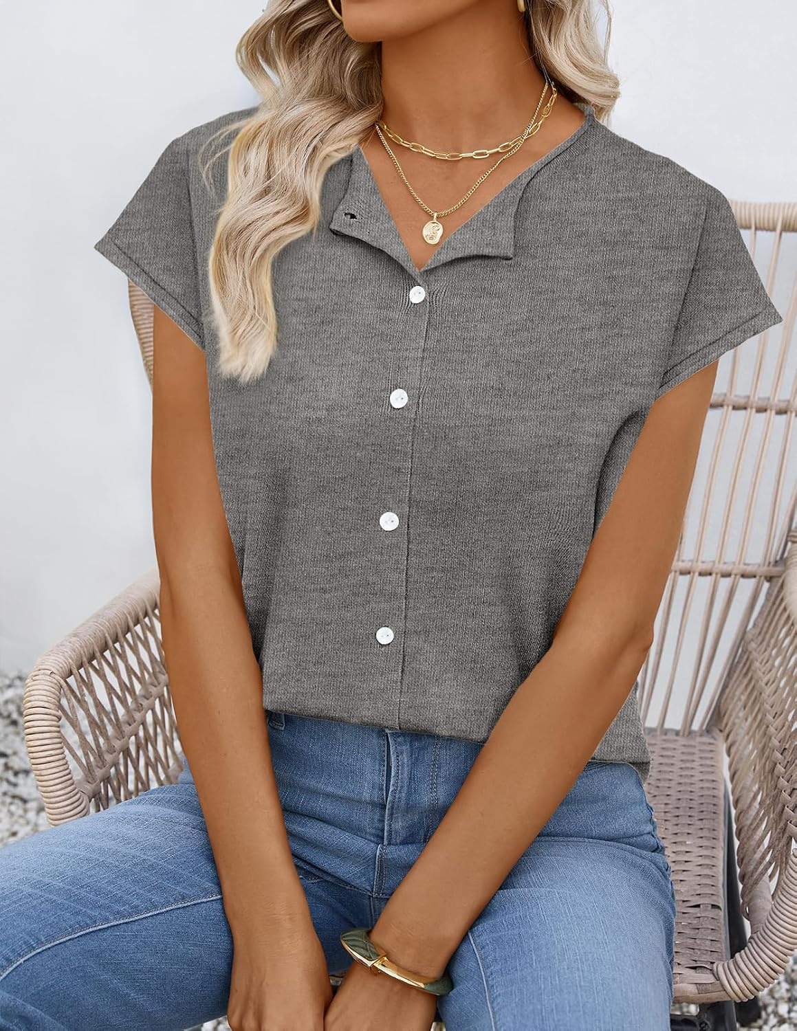 image:imageMEROKEETY Womens Summer Cap Short Sleeve Sweater Vest 2026 Trendy TopsGrey