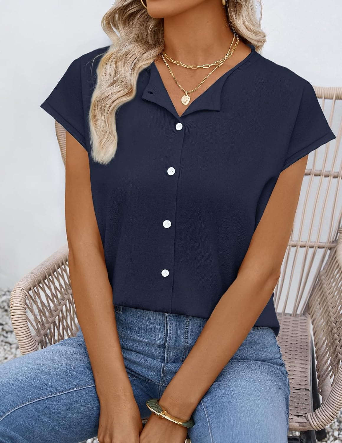 image:imageMEROKEETY Womens Summer Cap Short Sleeve Sweater Vest 2026 Trendy TopsNavy